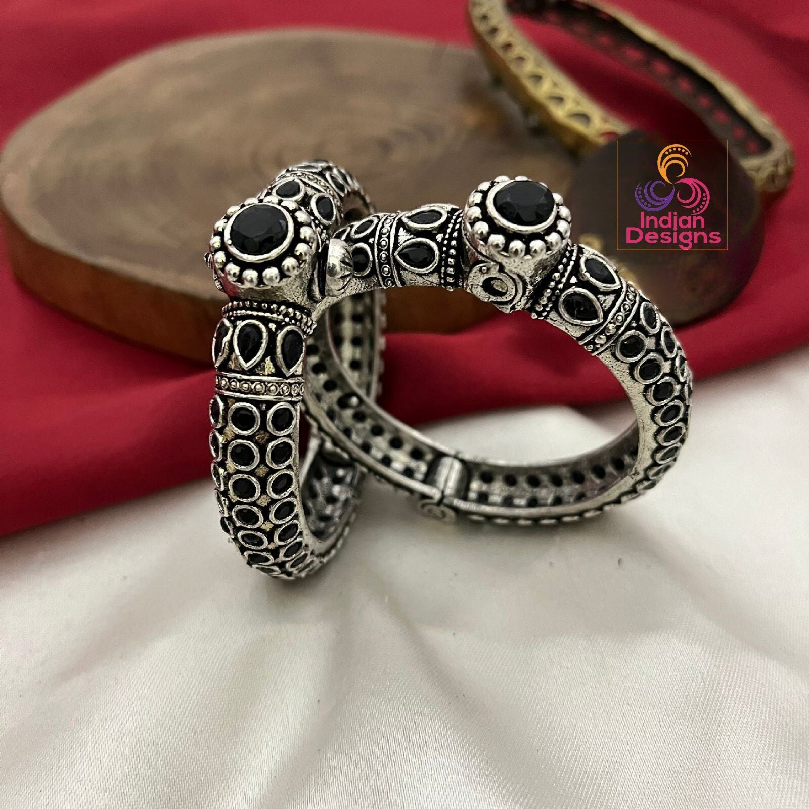 Pair of Oxidized Silver Openable Kada-Bracelet | Antique style Multicolor Stone German Silver bangles | Indian Tribal Jewelry | Gift for her