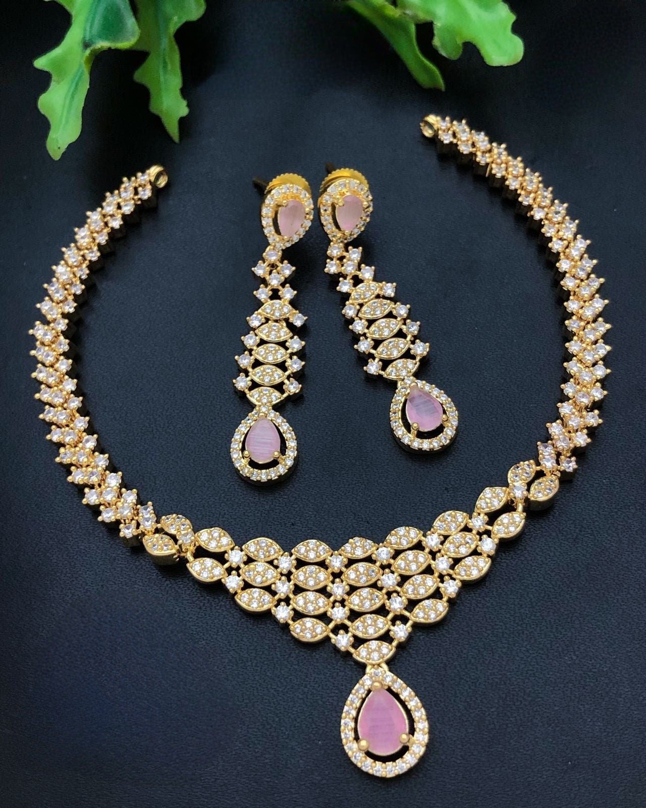 Gold Plated Cz American Diamond necklace Earring set | Indian Bollywood Jewelry | Trending Party necklace Earring set | Bridesmaid Gift