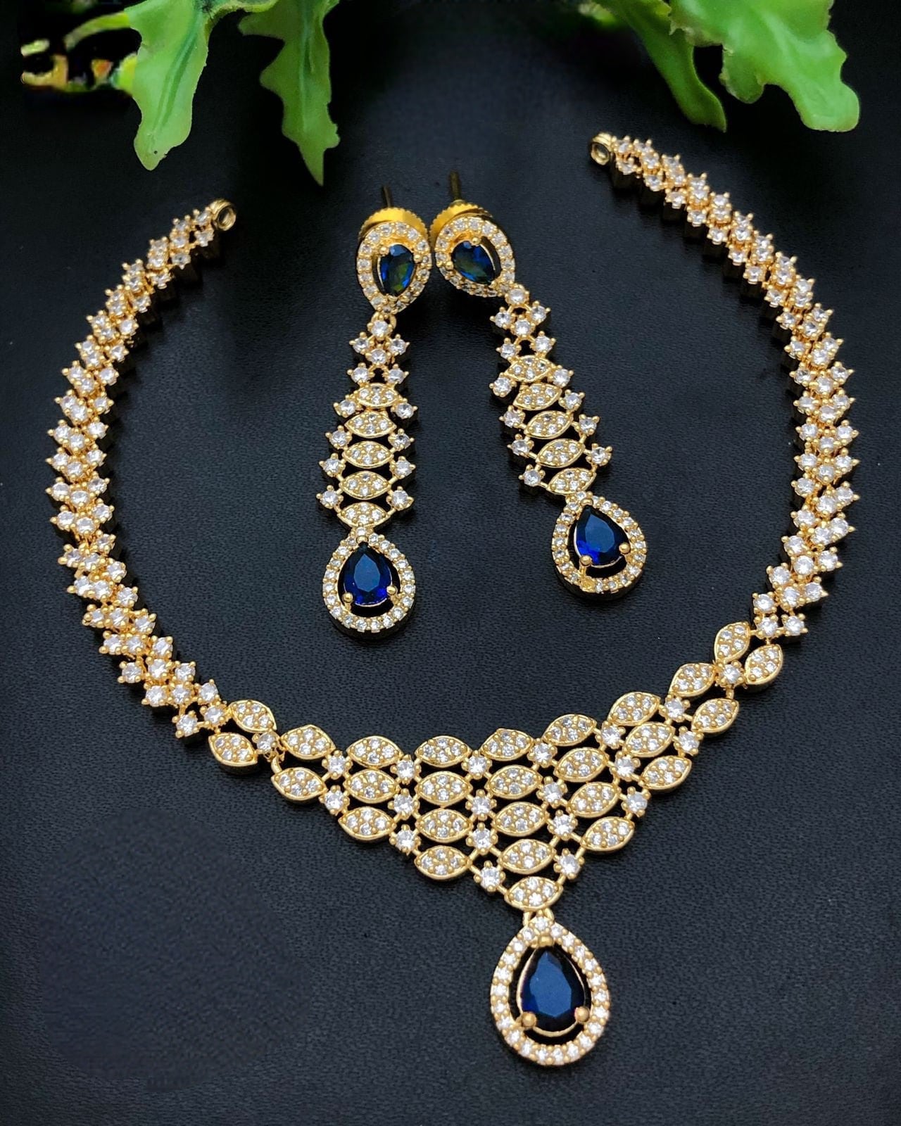 Gold Plated Cz American Diamond necklace Earring set | Indian Bollywood Jewelry | Trending Party necklace Earring set | Bridesmaid Gift