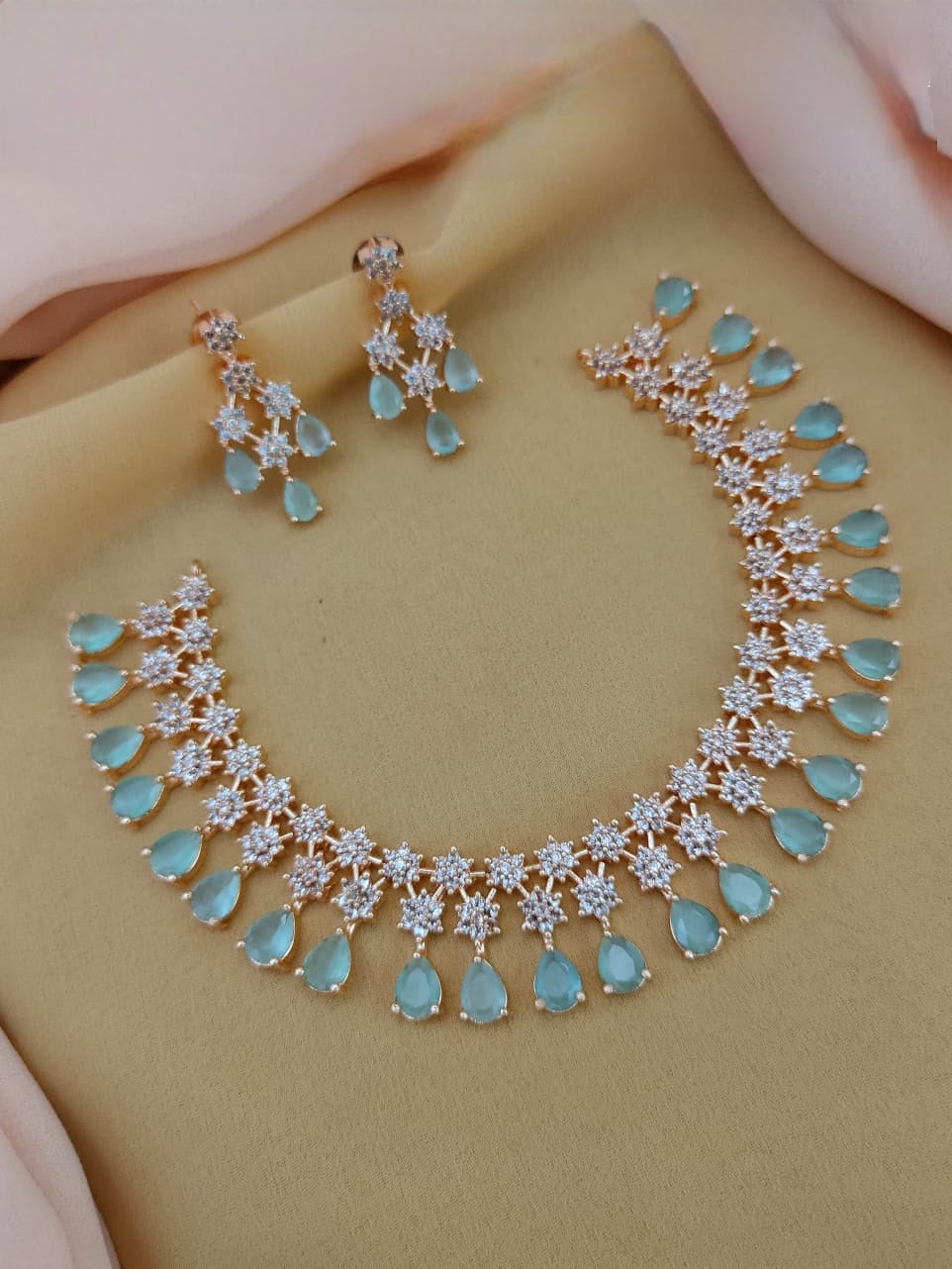 Gold Plated American Diamond CZ crystal star necklace Earring set | Sky Blue stone Necklace | Indian jewelry | Gift for Her