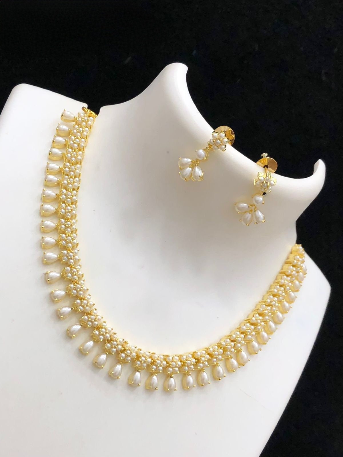 Gold Plated Cz American Diamond Real Pearland Red Coral Necklace Earring set | 22k Multi Color stones Pearl floral design dainty necklace