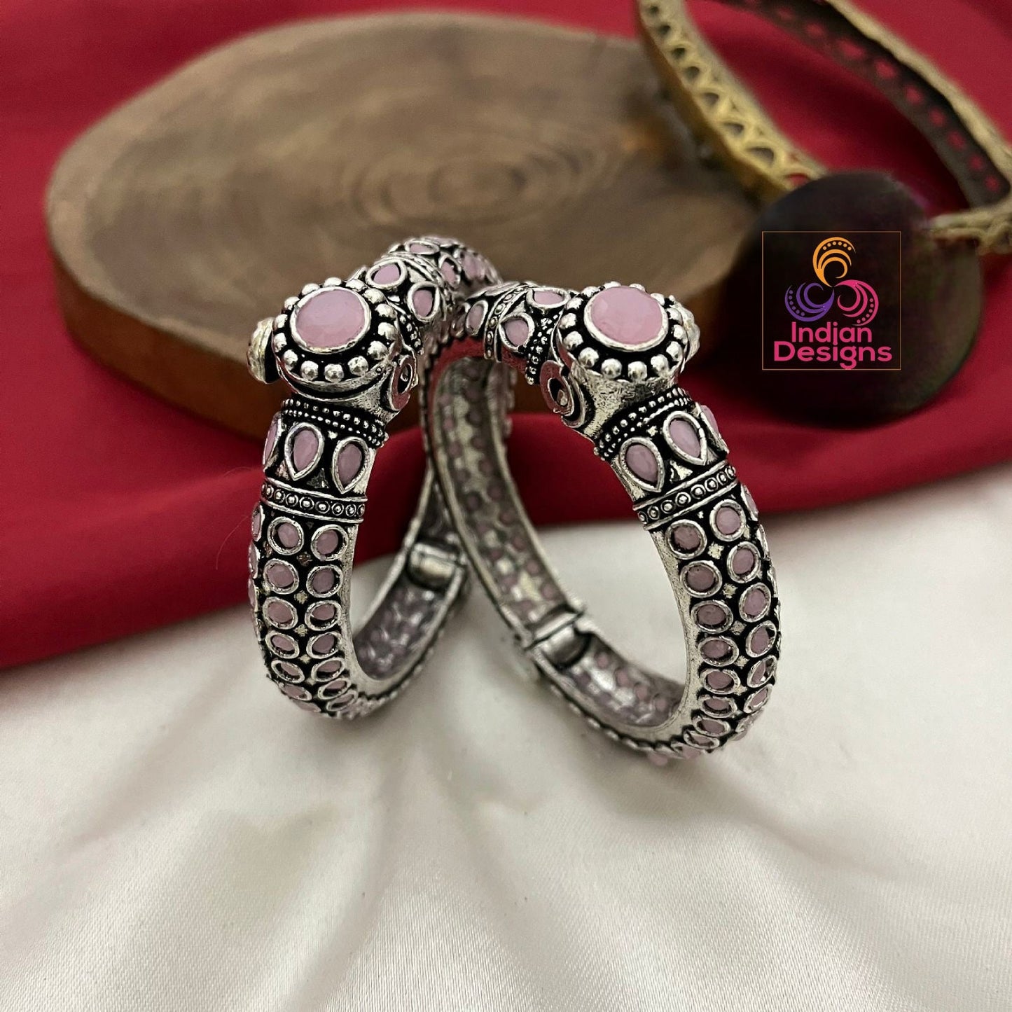 Pair of Oxidized Silver Openable Kada-Bracelet | Antique style Multicolor Stone German Silver bangles | Indian Tribal Jewelry | Gift for her