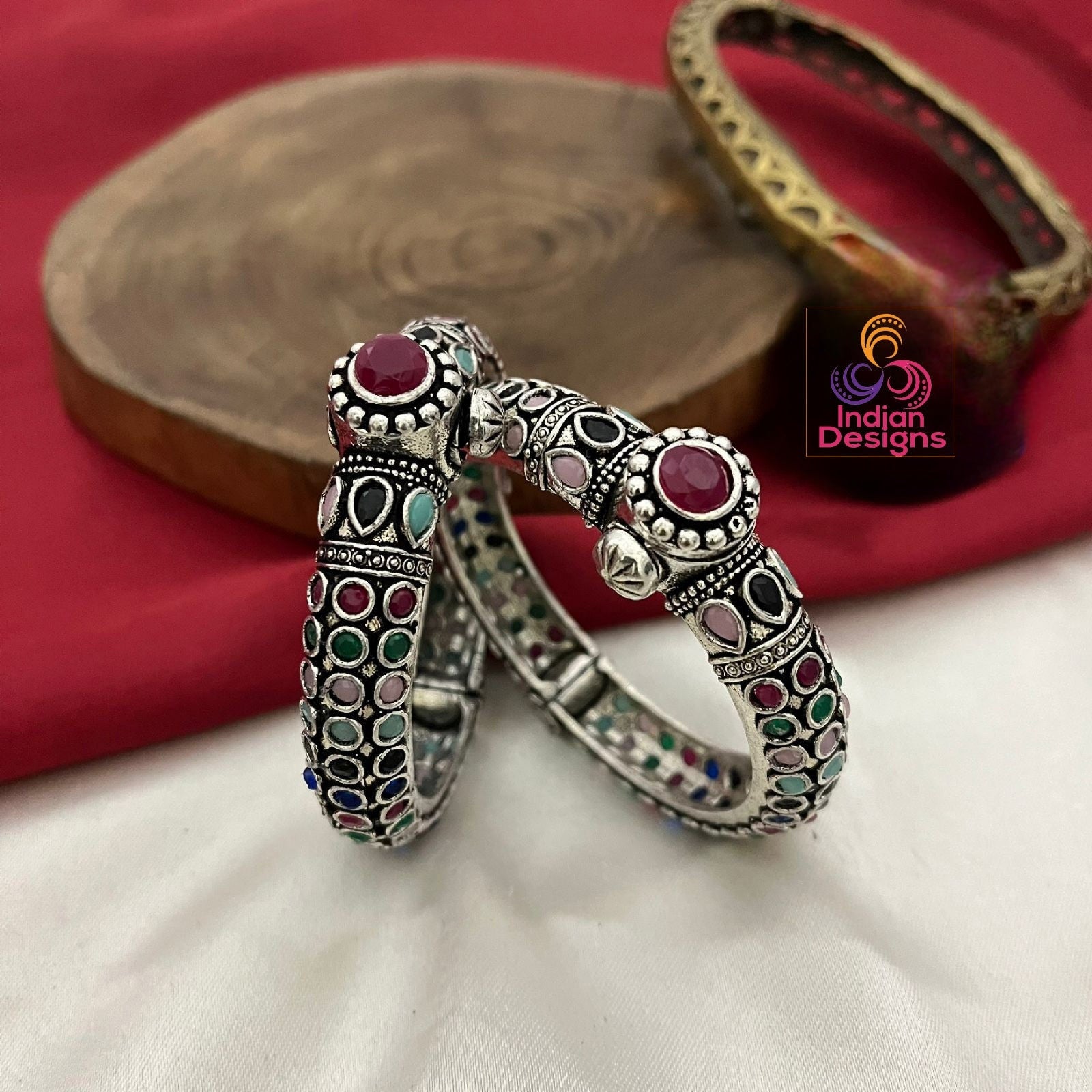 Pair of Oxidized Silver Openable Kada-Bracelet | Antique style Multicolor Stone German Silver bangles | Indian Tribal Jewelry | Gift for her