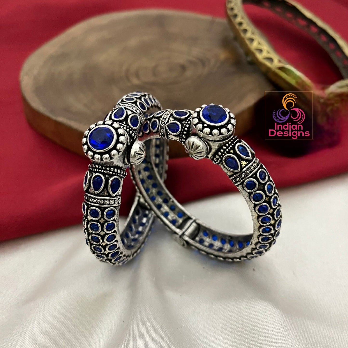 Pair of Oxidized Silver Openable Kada-Bracelet | Antique style Multicolor Stone German Silver bangles | Indian Tribal Jewelry | Gift for her