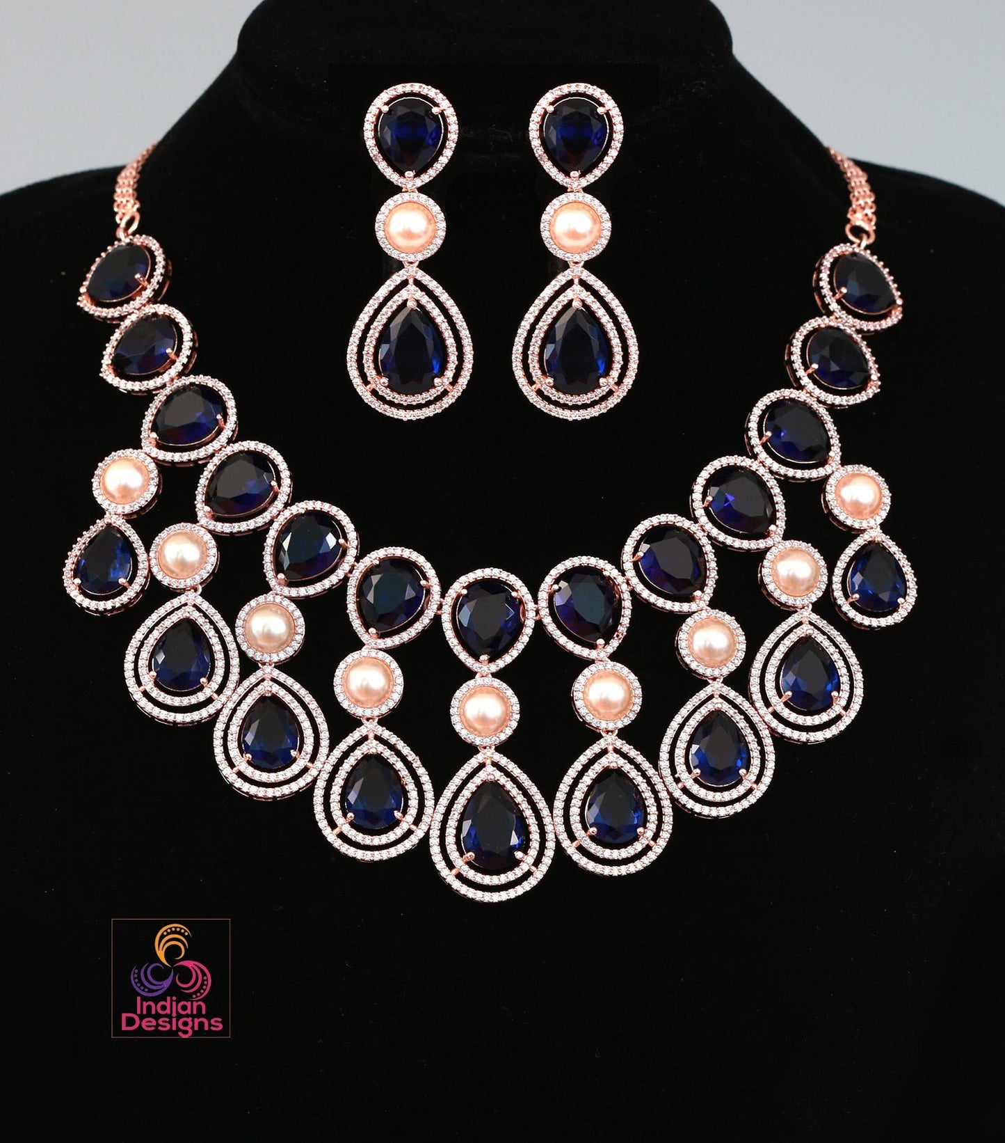 Rose Gold American Diamond Wedding Jewelry|Unique Design Necklace|Indian Wedding Jewelry|Gift For Her