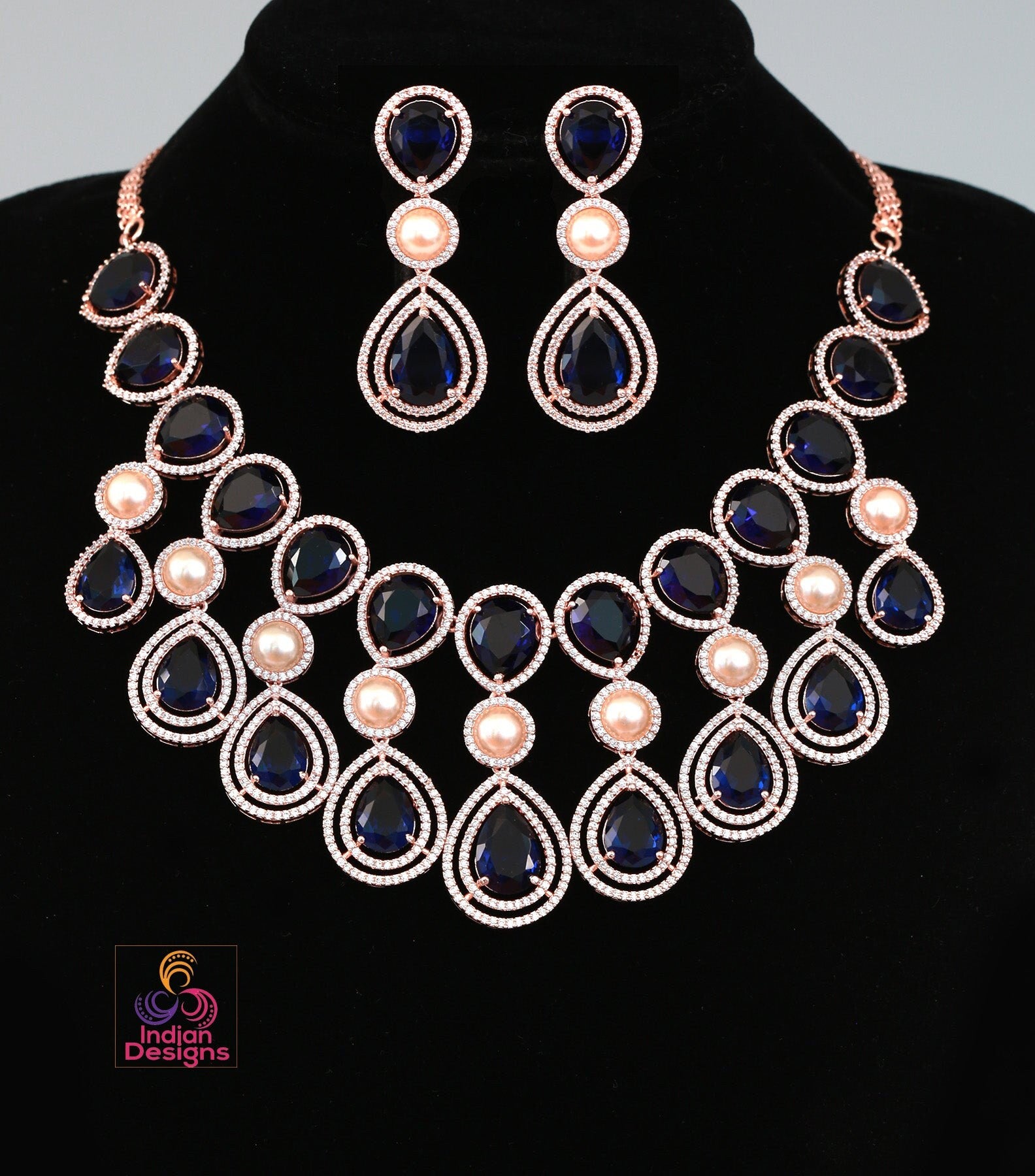 Rose Gold American Diamond Wedding Jewelry|Unique Design Necklace|Indian Wedding Jewelry|Gift For Her