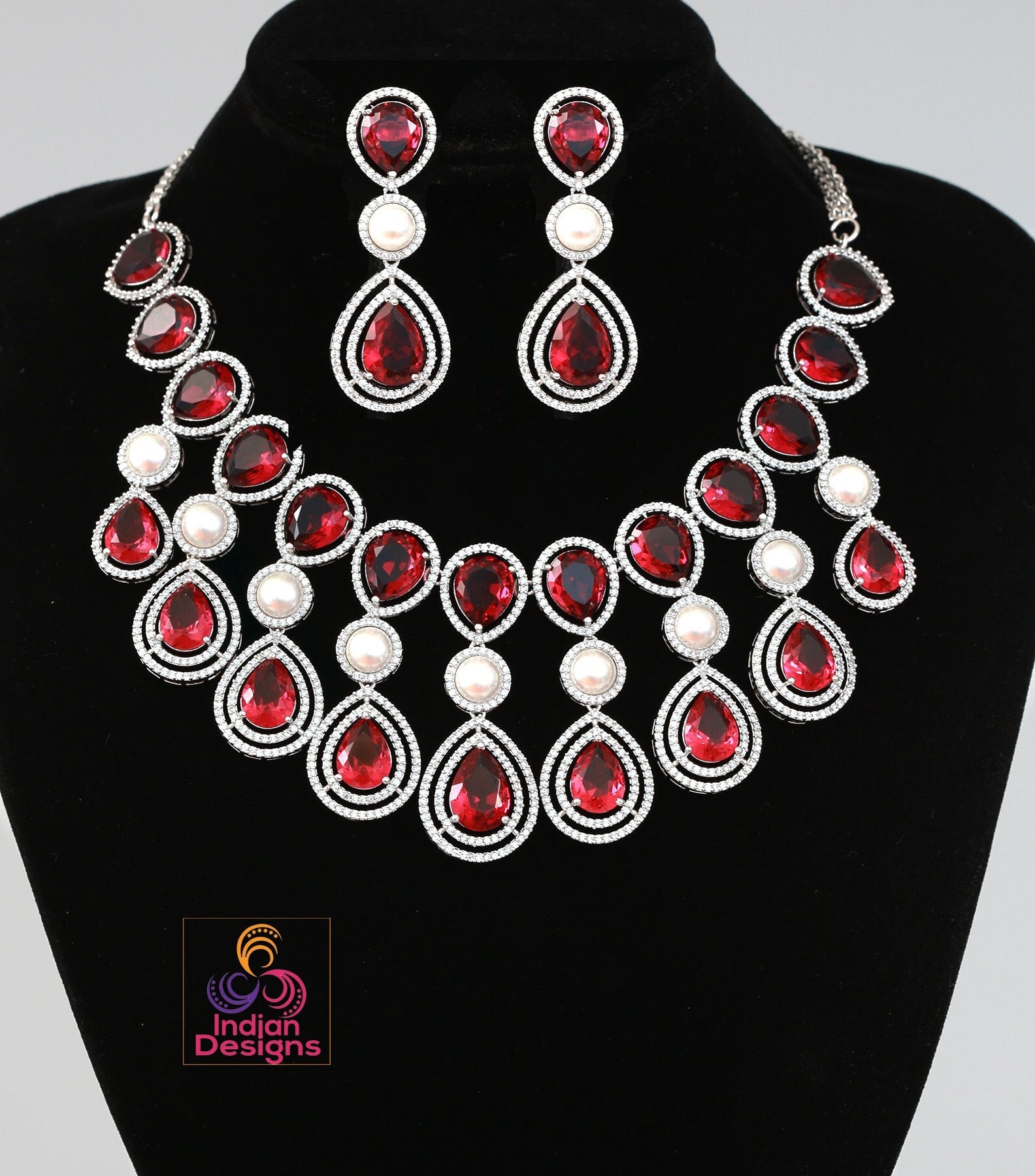 Exclusively High quality American diamond Tear drop Pear shaped CZ color stone Necklace | Silver AD necklace Earring set