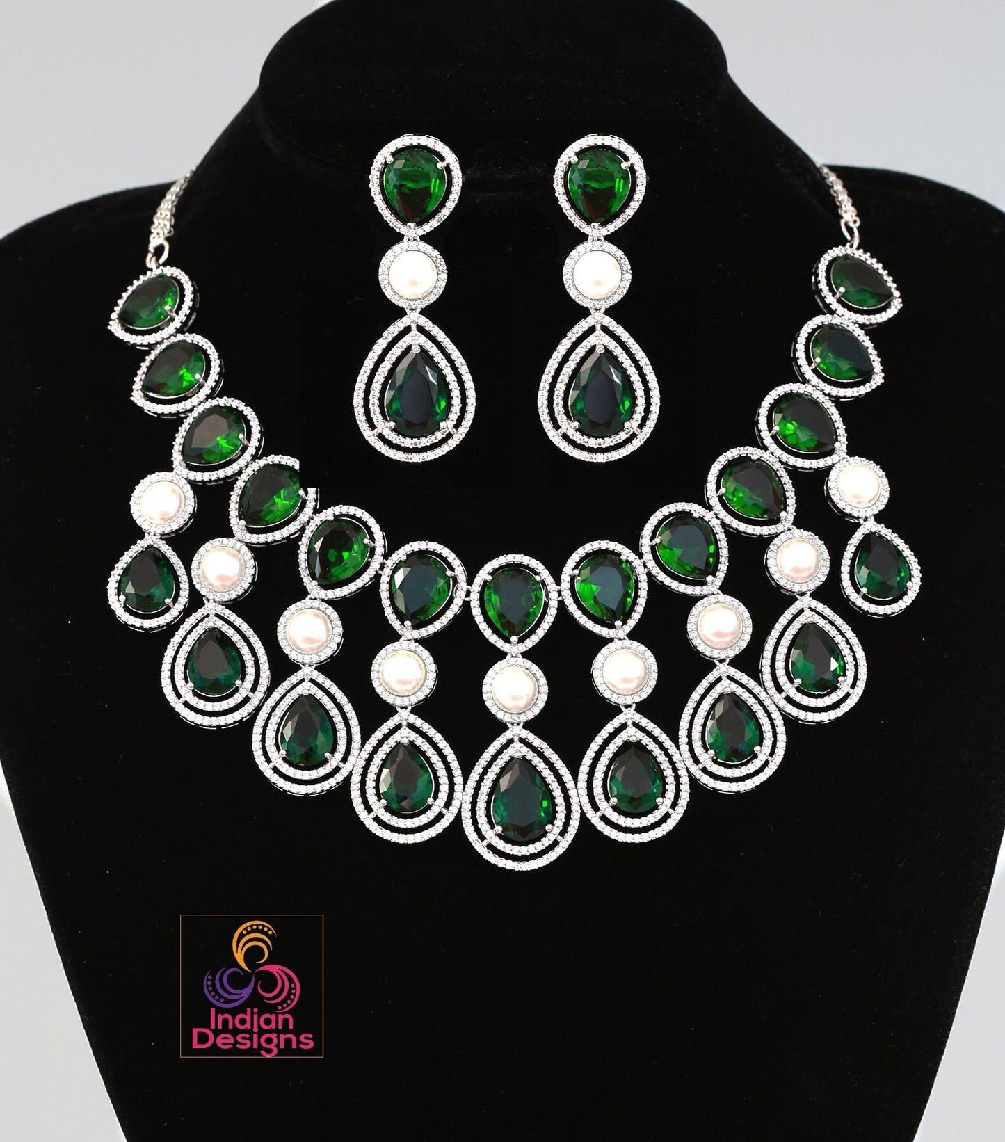Exclusively High quality American diamond Tear drop Pear shaped CZ color stone Necklace | Silver AD necklace Earring set