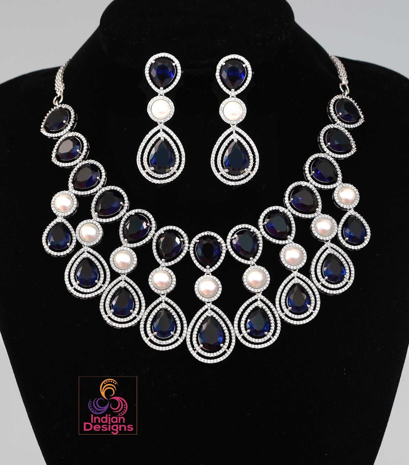Exclusively High quality American diamond Tear drop Pear shaped CZ color stone Necklace | Silver AD necklace Earring set