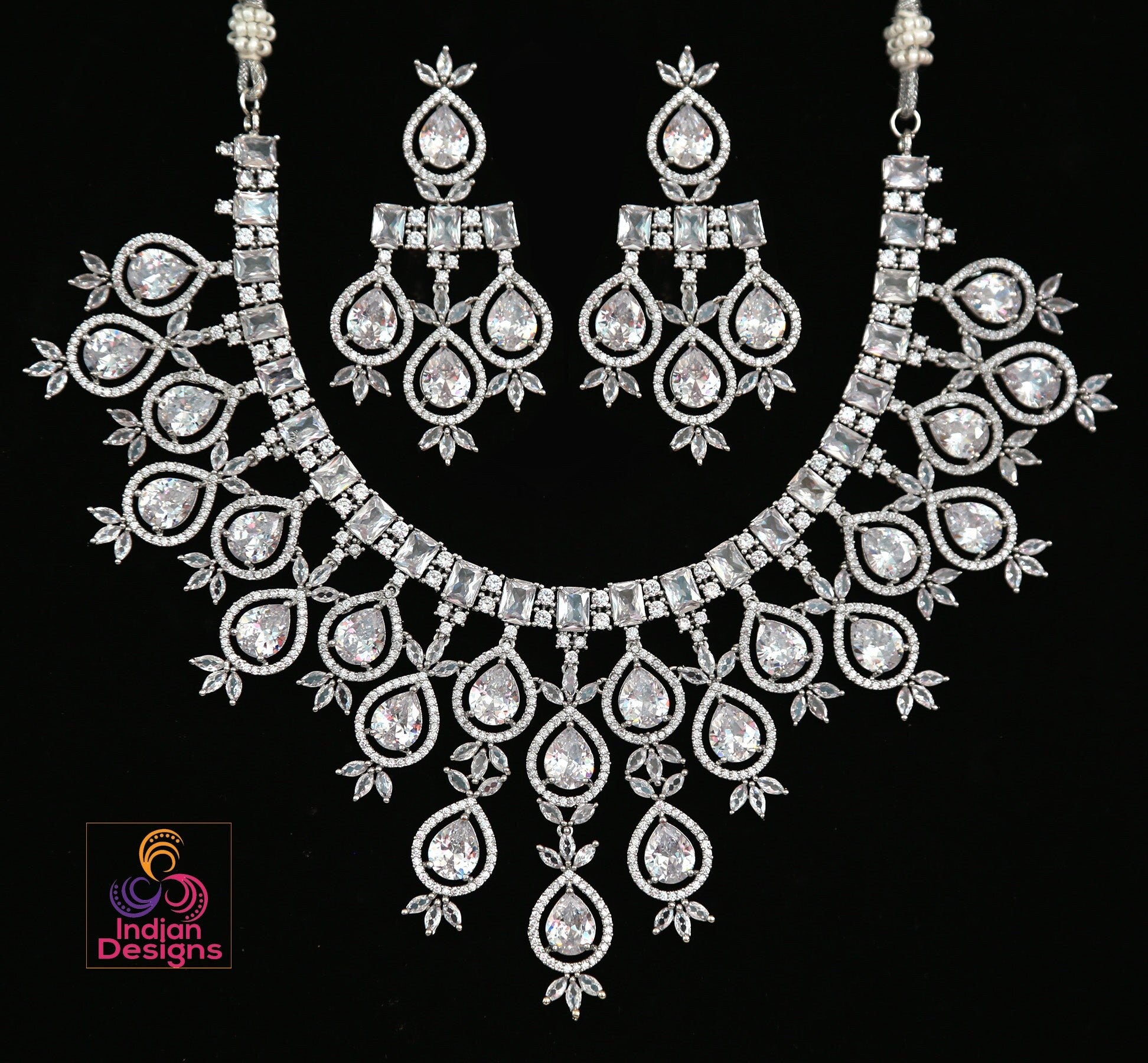 Silver American Diamond Necklace with White CZ Tear Drop stones|Indian Jewelry|Pakistani Wedding choker|Bollywood fashion|Punjabi Wedding je