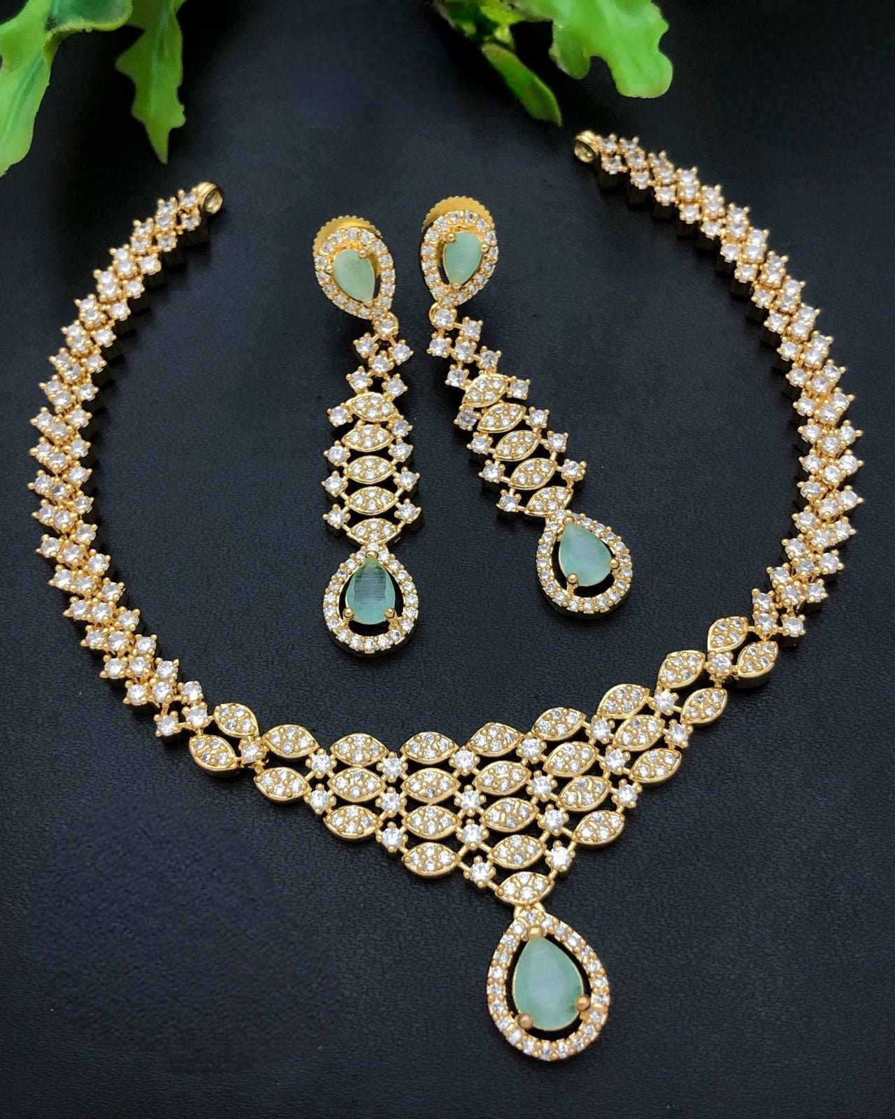 Gold Plated Cz American Diamond necklace Earring set | Indian Bollywood Jewelry | Trending Party necklace Earring set | Bridesmaid Gift
