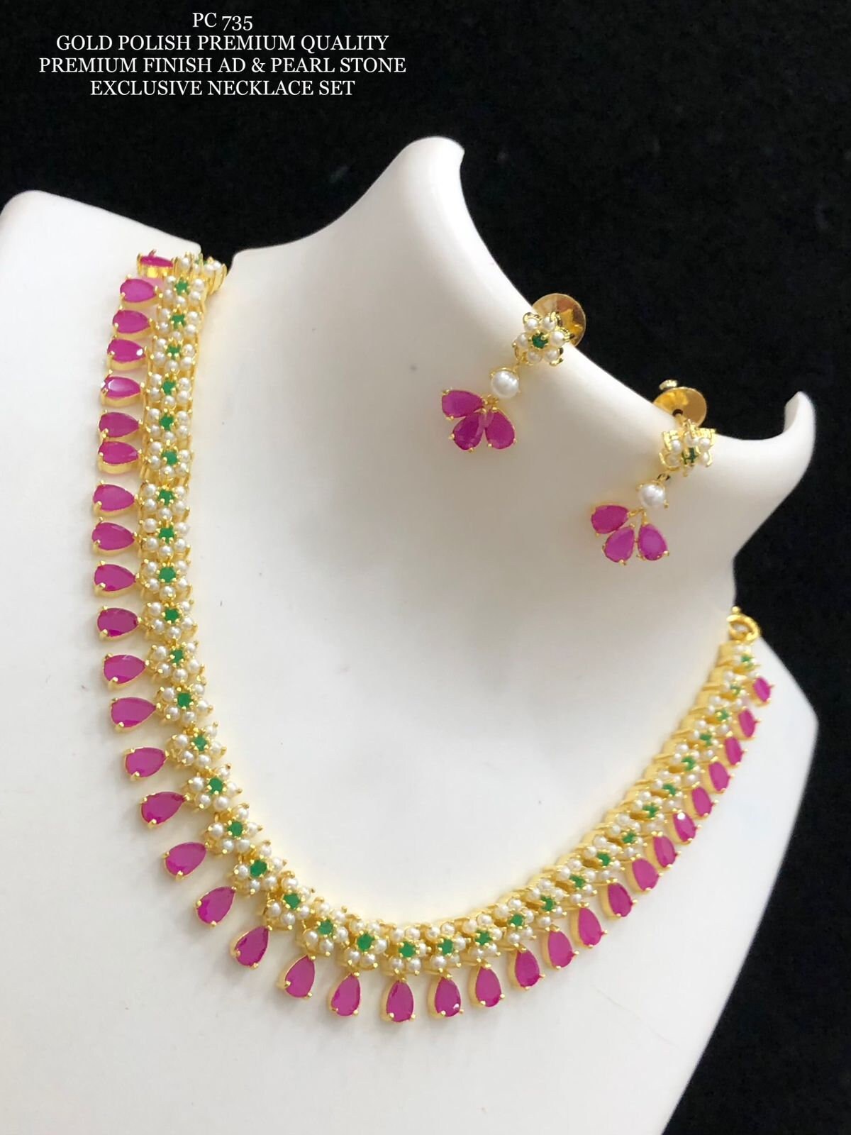 Gold Plated Cz American Diamond Real Pearland Red Coral Necklace Earring set | 22k Multi Color stones Pearl floral design dainty necklace