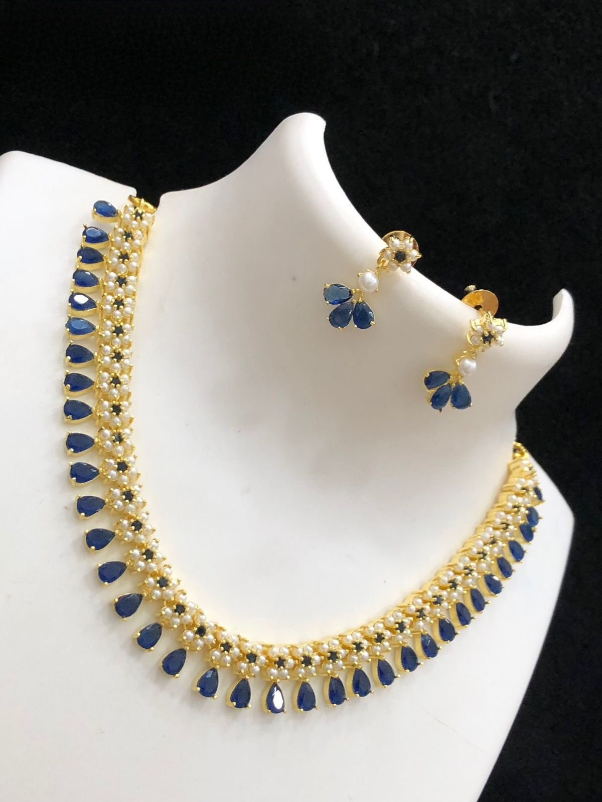Gold Plated Cz American Diamond Real Pearland Red Coral Necklace Earring set | 22k Multi Color stones Pearl floral design dainty necklace