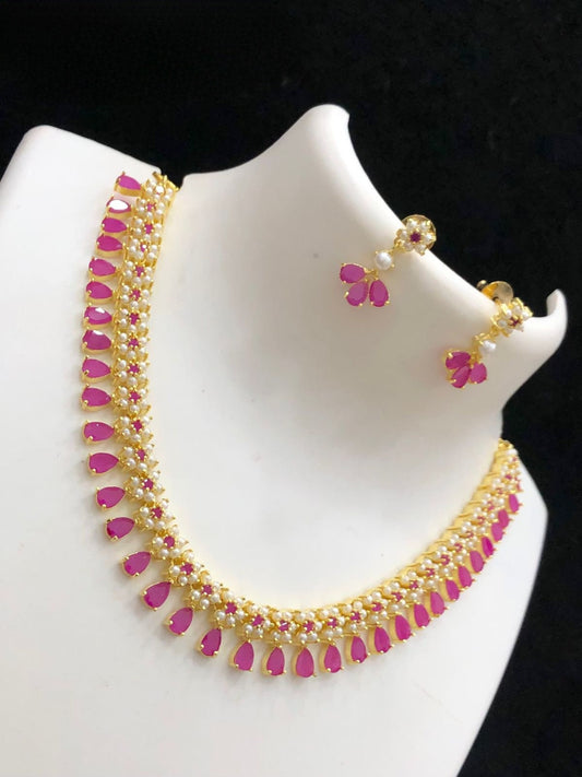 Gold Plated Cz American Diamond Real Pearland Red Coral Necklace Earring set | 22k Multi Color stones Pearl floral design dainty necklace