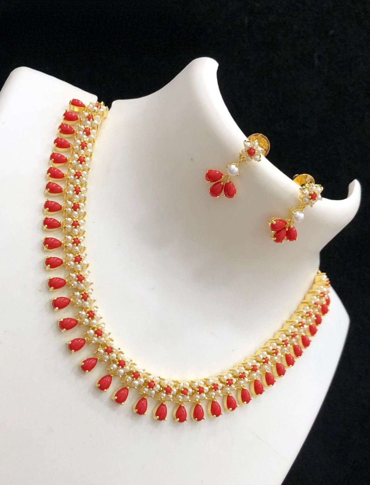 Gold Plated Cz American Diamond Real Pearland Red Coral Necklace Earring set | 22k Multi Color stones Pearl floral design dainty necklace