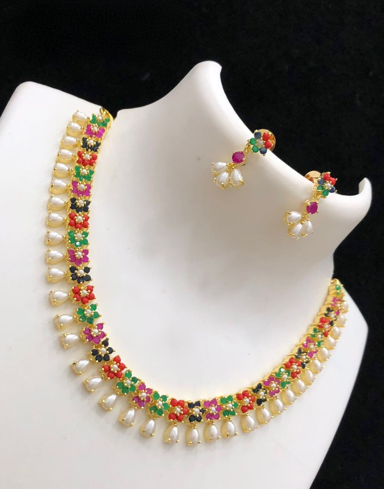 Gold Plated Cz American Diamond Real Pearland Red Coral Necklace Earring set | 22k Multi Color stones Pearl floral design dainty necklace