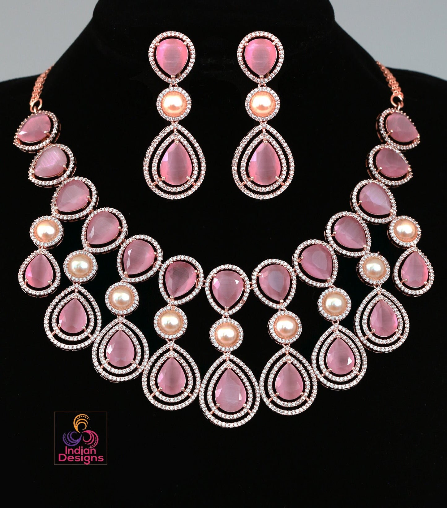 Rose Gold American Diamond Wedding Jewelry|Unique Design Necklace|Indian Wedding Jewelry|Gift For Her