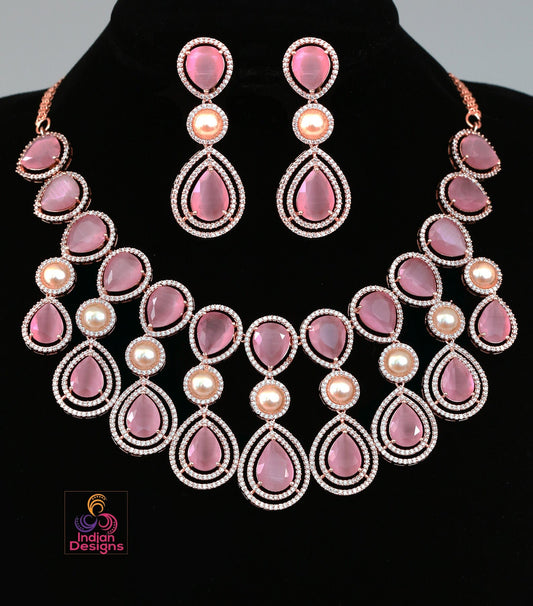 Rose Gold American Diamond Wedding Jewelry|Unique Design Necklace|Indian Wedding Jewelry|Gift For Her