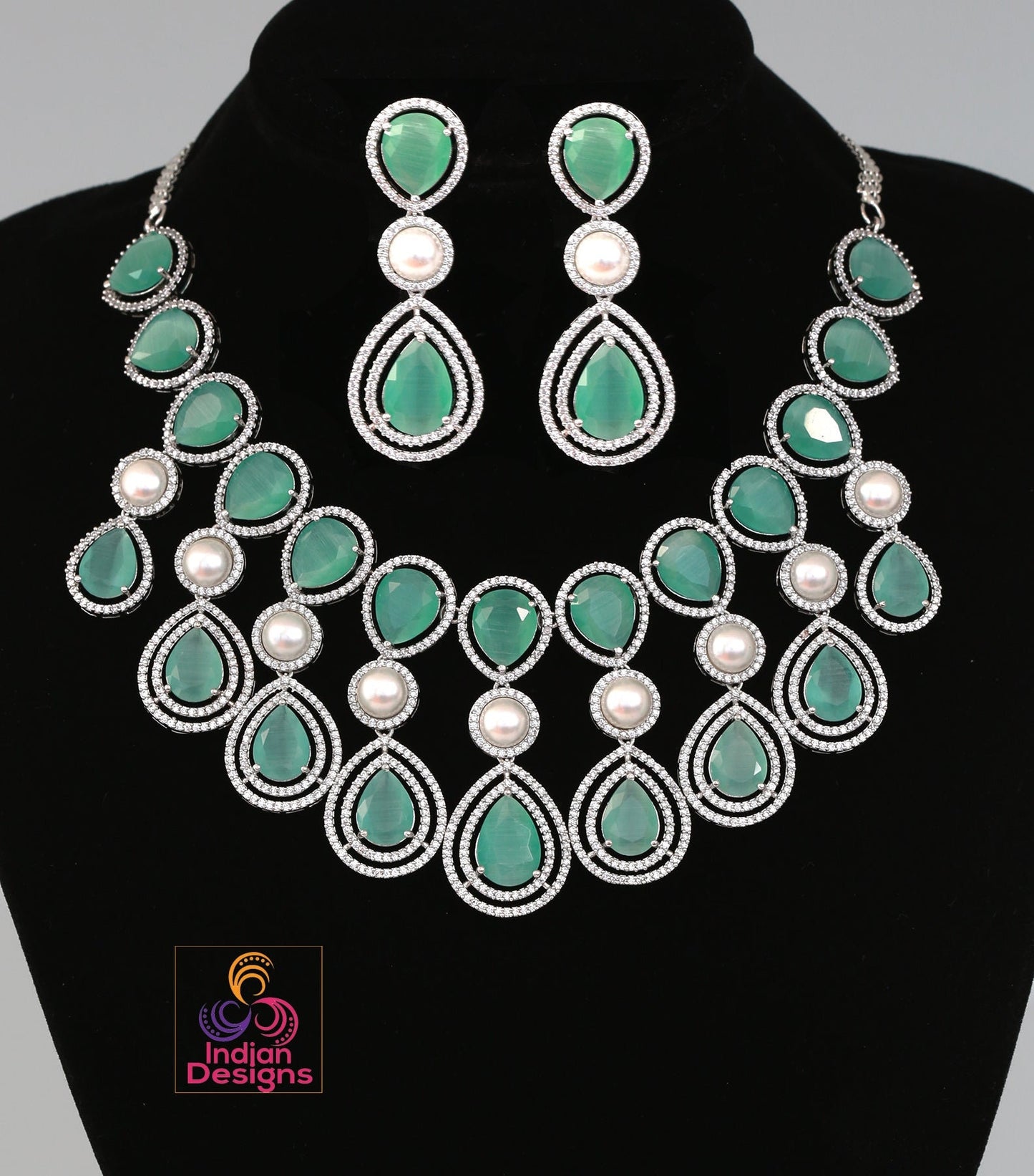 Exclusively High quality American diamond Tear drop Pear shaped CZ color stone Necklace | Silver AD necklace Earring set