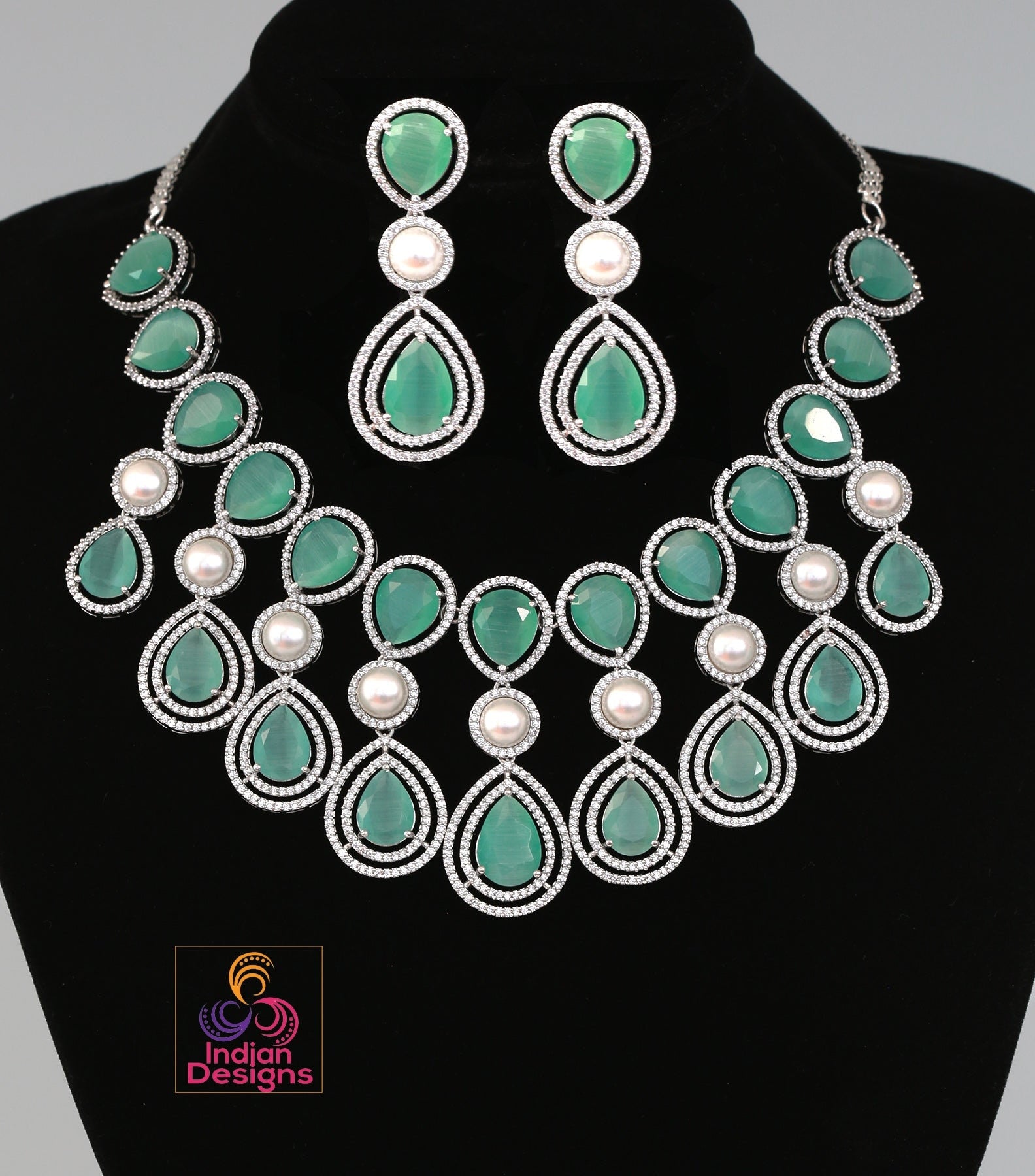 Exclusively High quality American diamond Tear drop Pear shaped CZ color stone Necklace | Silver AD necklace Earring set