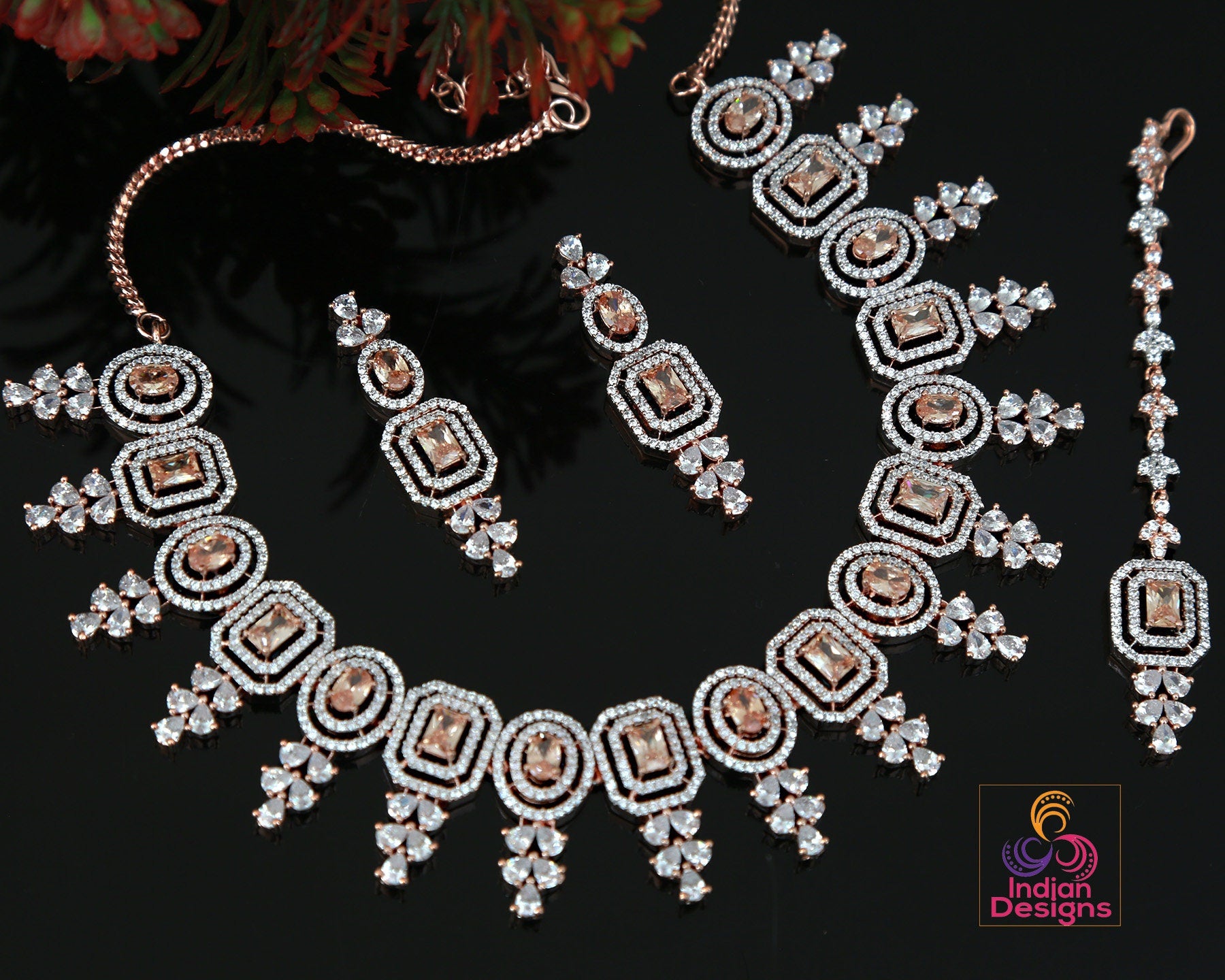 Rose Gold American Diamond Yellow Topaz Necklace Mang Tikka set |Wedding Gift| Stylish Bridal choker Jewelry|Emerald, Ruby and Topaz stones