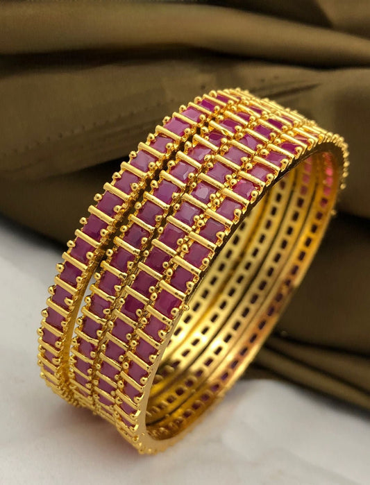 Ruby color American diamond bangles set | Gold Plated Indian Bridal Bangle set of 4 | Ruby CZ AD stone bangles | Daily wear one gram gold ba
