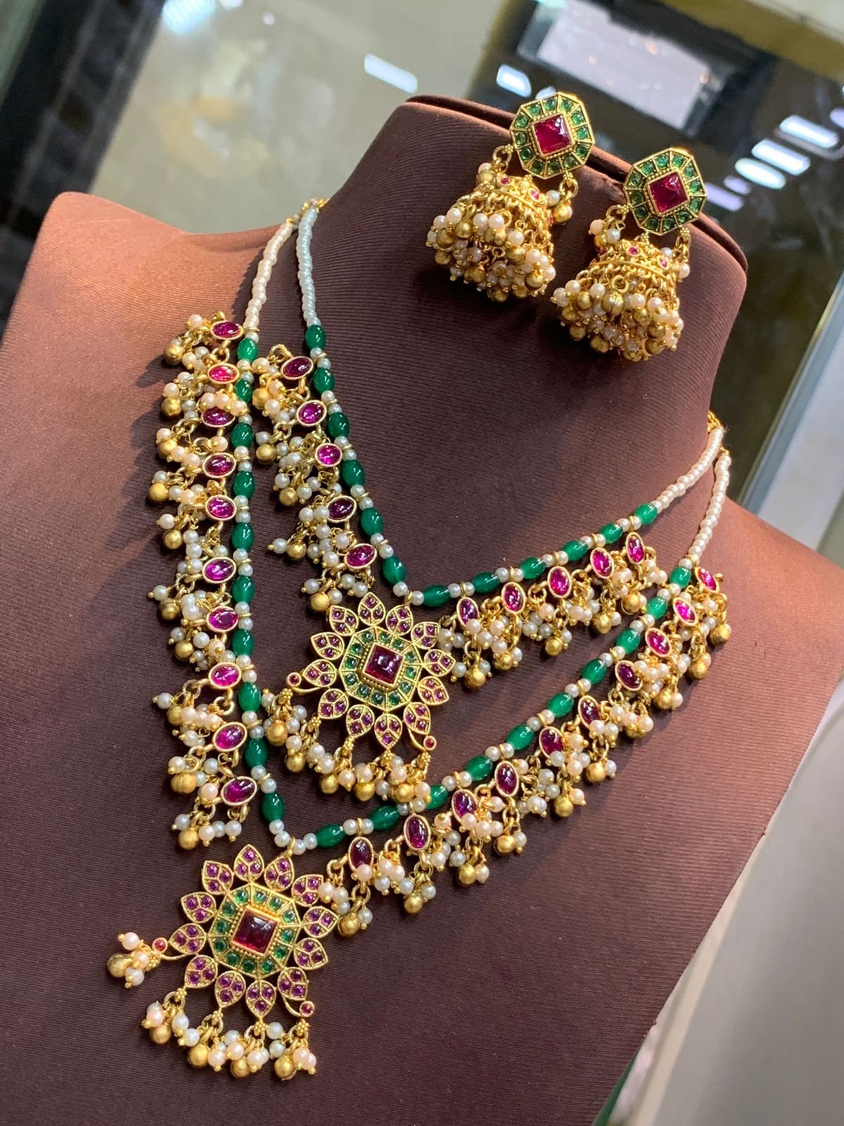 Pink Kemp stone Two layer necklace with Jhumka earrings,South Indian layered guttapusalu necklace, Jadau style Necklace