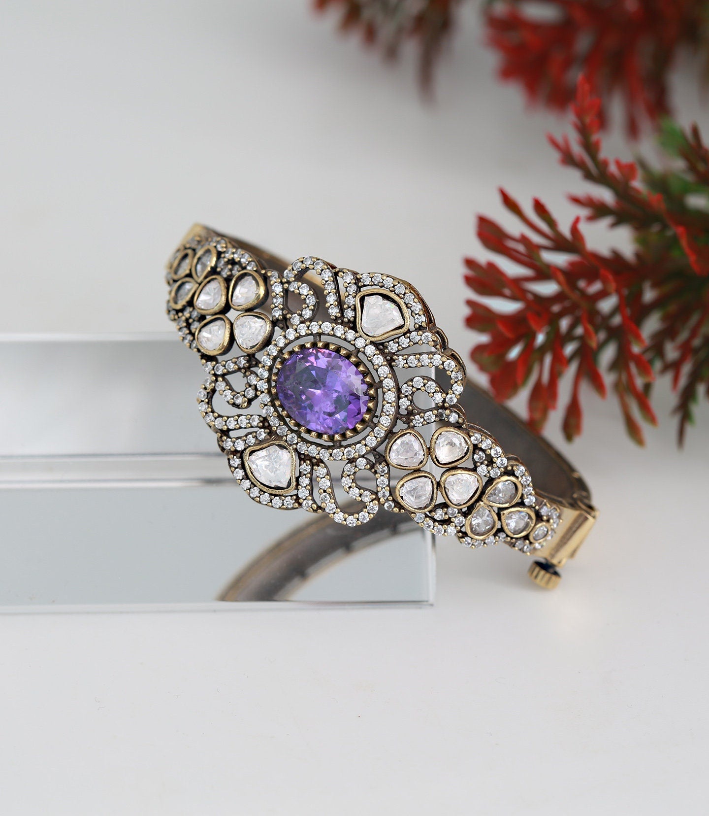 Victorian-Polish Openable Amethyst Crystal Kada Bracelet|Antique Gold Plated Bollywood statement Bangle bracelet|Indian Jewelry|Gift for her