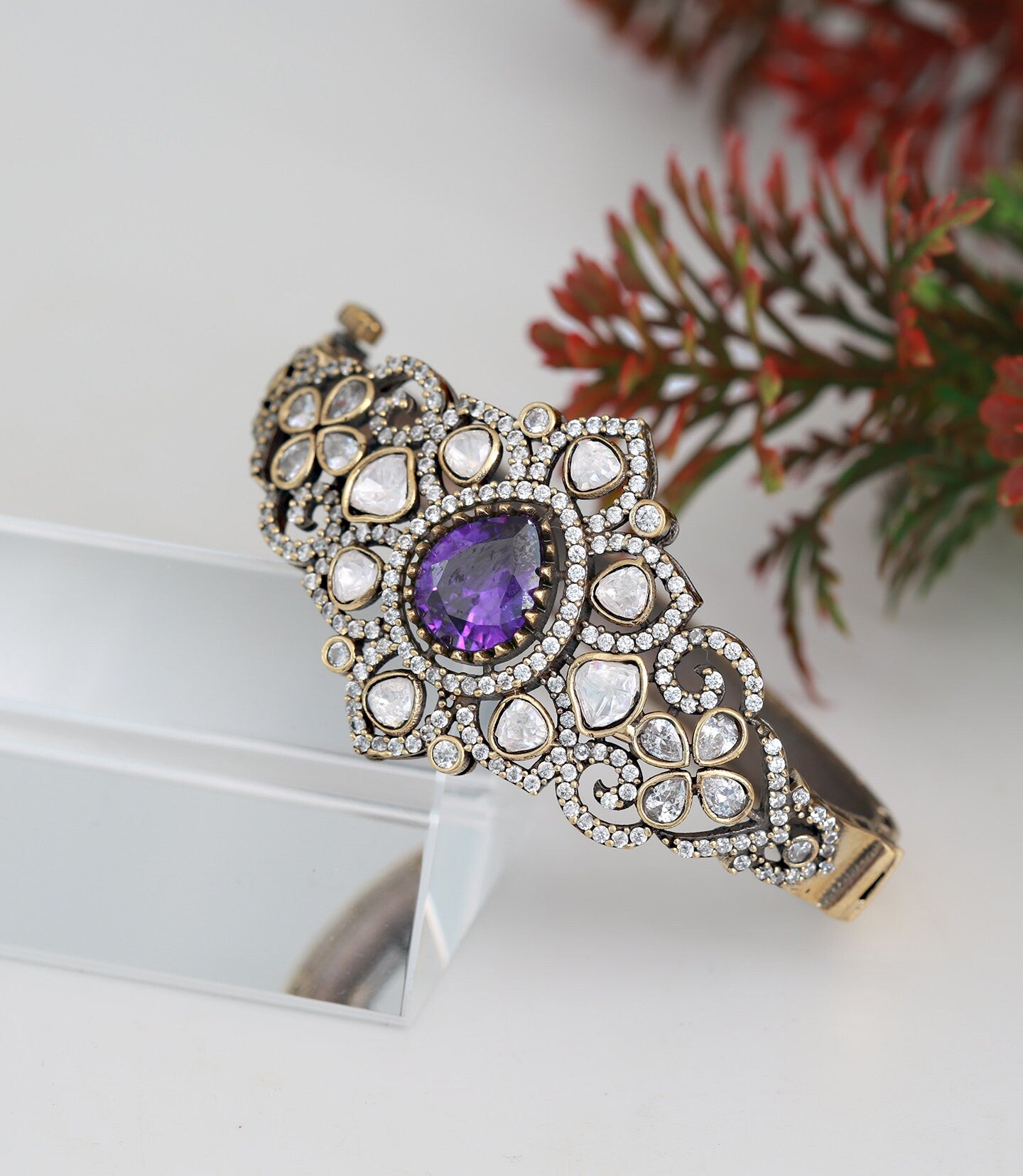 Antique Victorian-Polish Openable Green Crystal Kada Bracelet|Antique Gold Plated Bollywood statement Bangle bracelet| Jewelry Gift for her