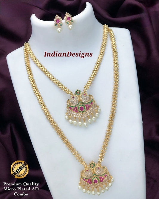 Gold Plated American Diamond CZ Long and short necklace combo, South Indian Wedding Jewelry set, Bollywood fashion Jewelry, Gift for Her