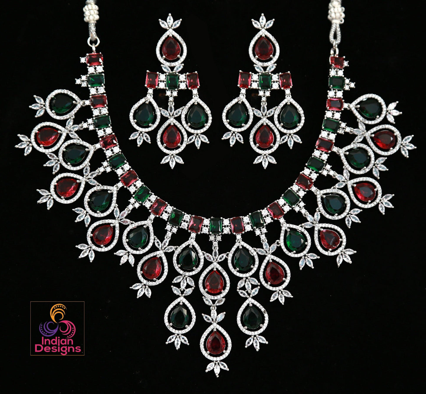 Ruby And Emerald Green Silver American Diamond Necklace Earring set|Indian CZ stones Necklace|Pakistani Bridal Jewelry|Gift for her
