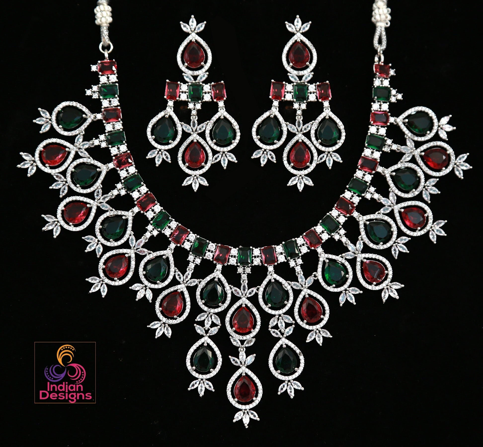 Ruby And Emerald Green Silver American Diamond Necklace Earring set|Indian CZ stones Necklace|Pakistani Bridal Jewelry|Gift for her