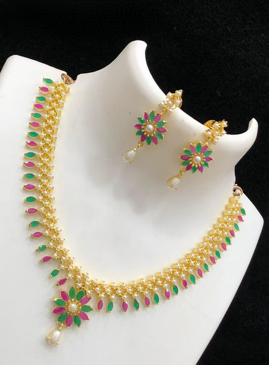 Red Coral Gold Plated American Diamond Choker necklace Earrings and Floral Pendant set, Real Pearl and Crystal choker, South Indian Jewelry