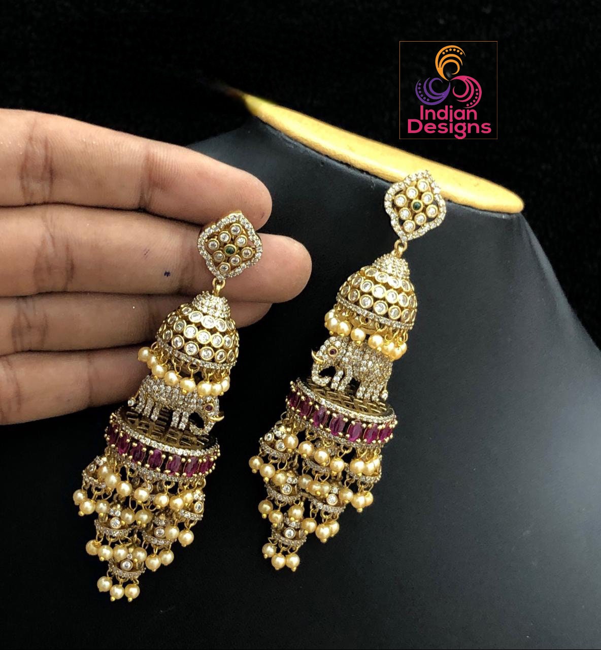 Matte Gold Wedding Party-wear Pearl Jhumka set |American Diamond Multi step Indian/Pakistani Jhumki Design |Long Dangle Pearl drop Earrings