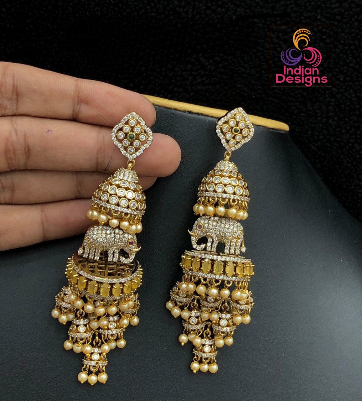 Matte Gold Wedding Party-wear Pearl Jhumka set |American Diamond Multi step Indian/Pakistani Jhumki Design |Long Dangle Pearl drop Earrings