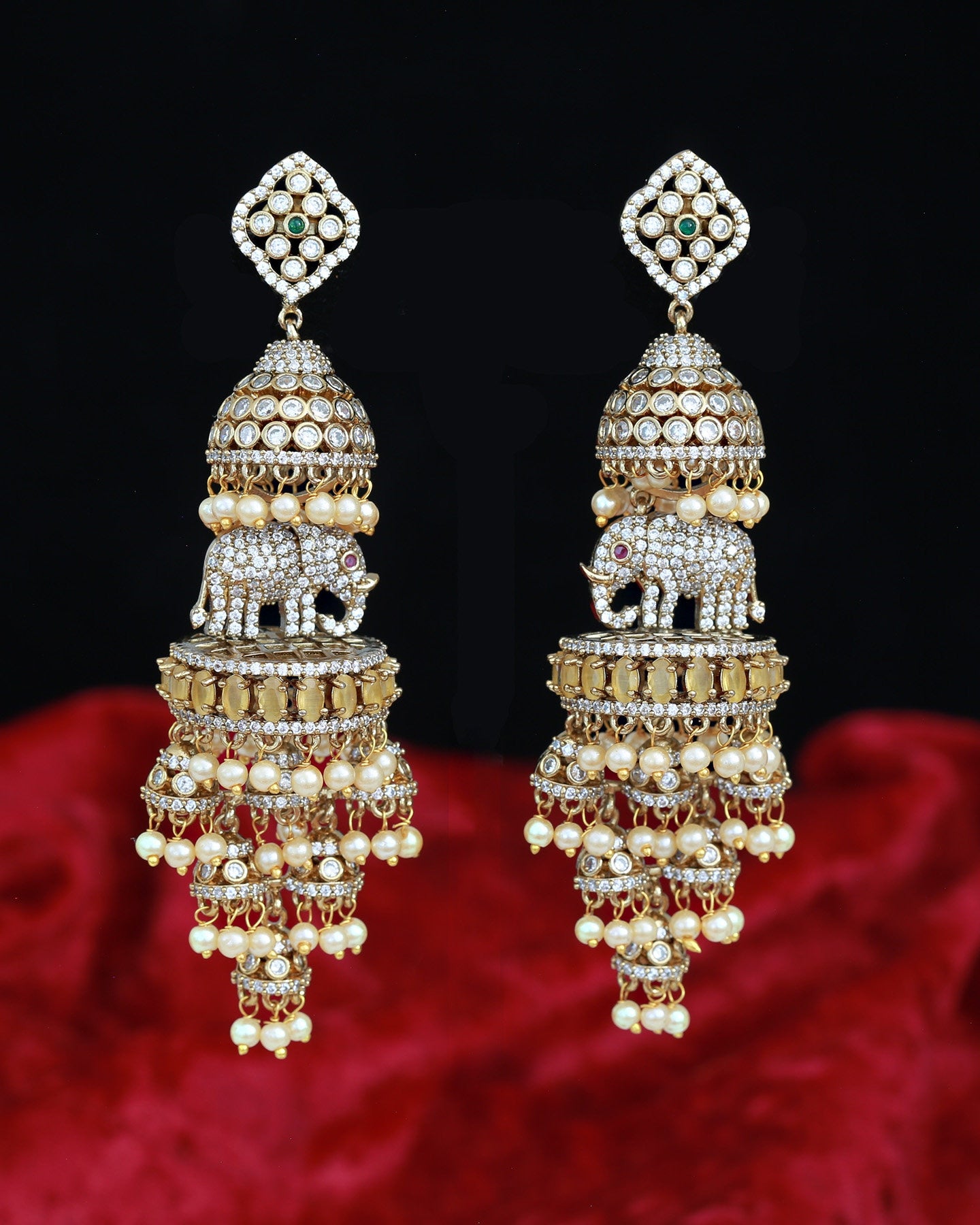 Matte Gold Wedding Party-wear Pearl Jhumka set |American Diamond Multi step Indian/Pakistani Jhumki Design |Long Dangle Pearl drop Earrings