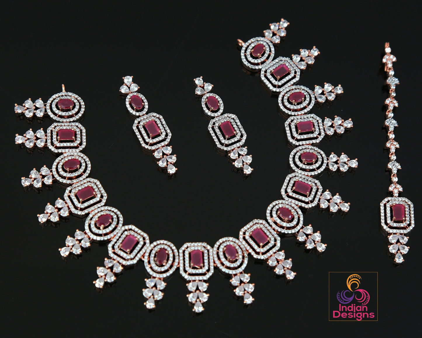 Rose Gold American Diamond Yellow Topaz Necklace Mang Tikka set |Wedding Gift| Stylish Bridal choker Jewelry|Emerald, Ruby and Topaz stones