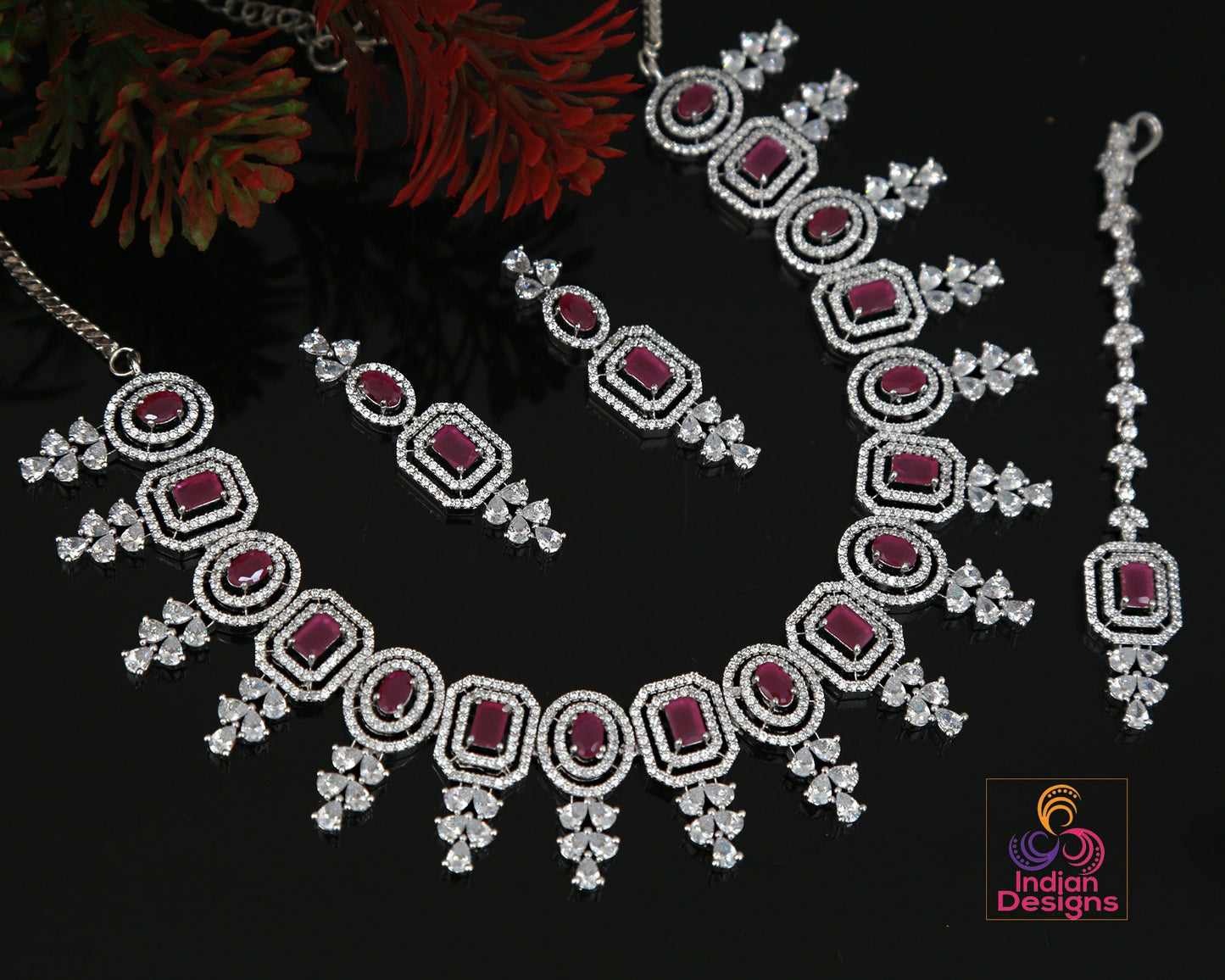 Rose Gold American Diamond Yellow Topaz Necklace Mang Tikka set |Wedding Gift| Stylish Bridal choker Jewelry|Emerald, Ruby and Topaz stones