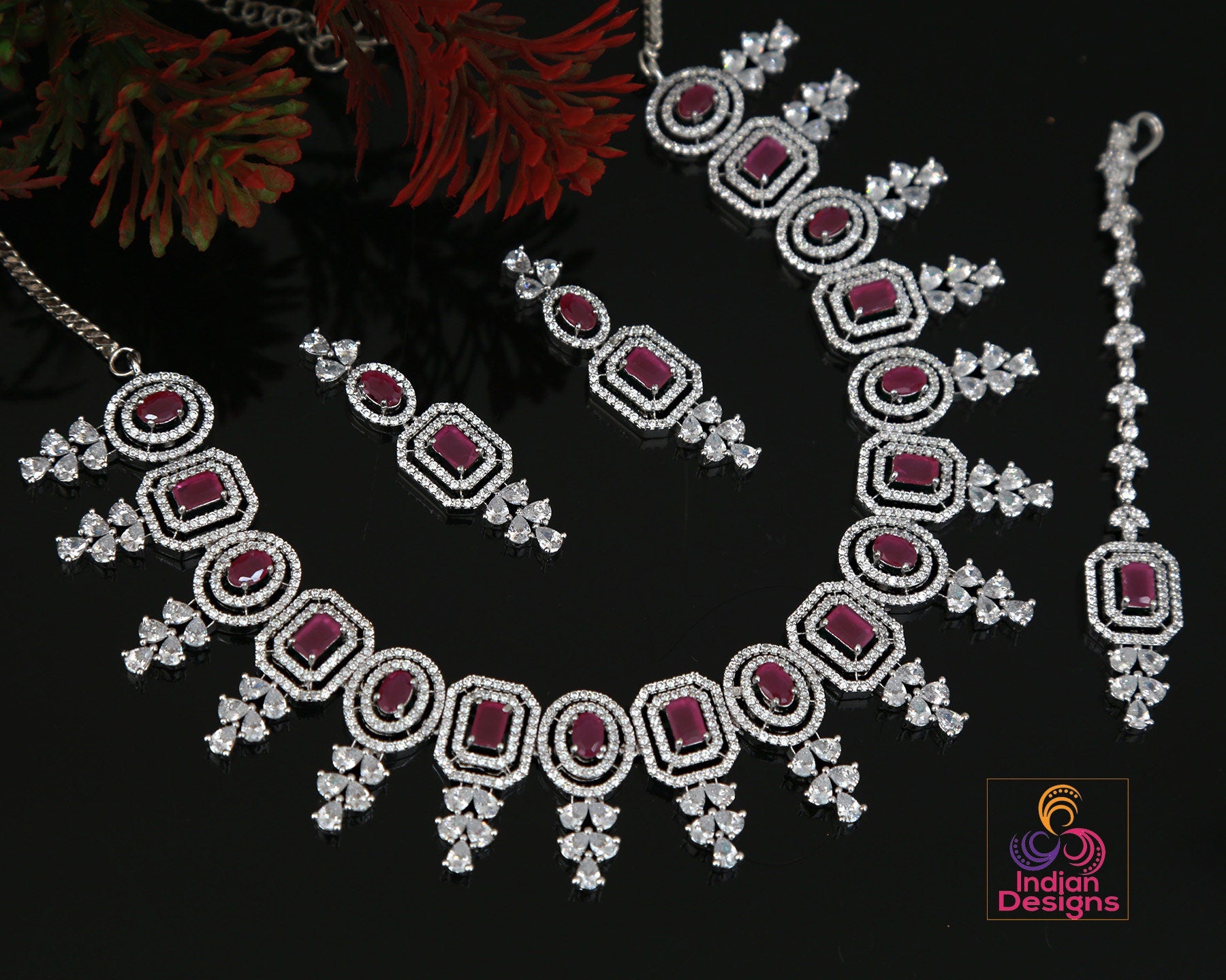Rose Gold American Diamond Yellow Topaz Necklace Mang Tikka set |Wedding Gift| Stylish Bridal choker Jewelry|Emerald, Ruby and Topaz stones