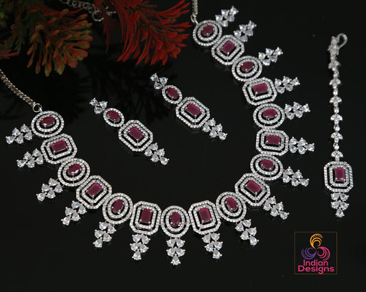 Rose Gold American Diamond Yellow Topaz Necklace Mang Tikka set |Wedding Gift| Stylish Bridal choker Jewelry|Emerald, Ruby and Topaz stones