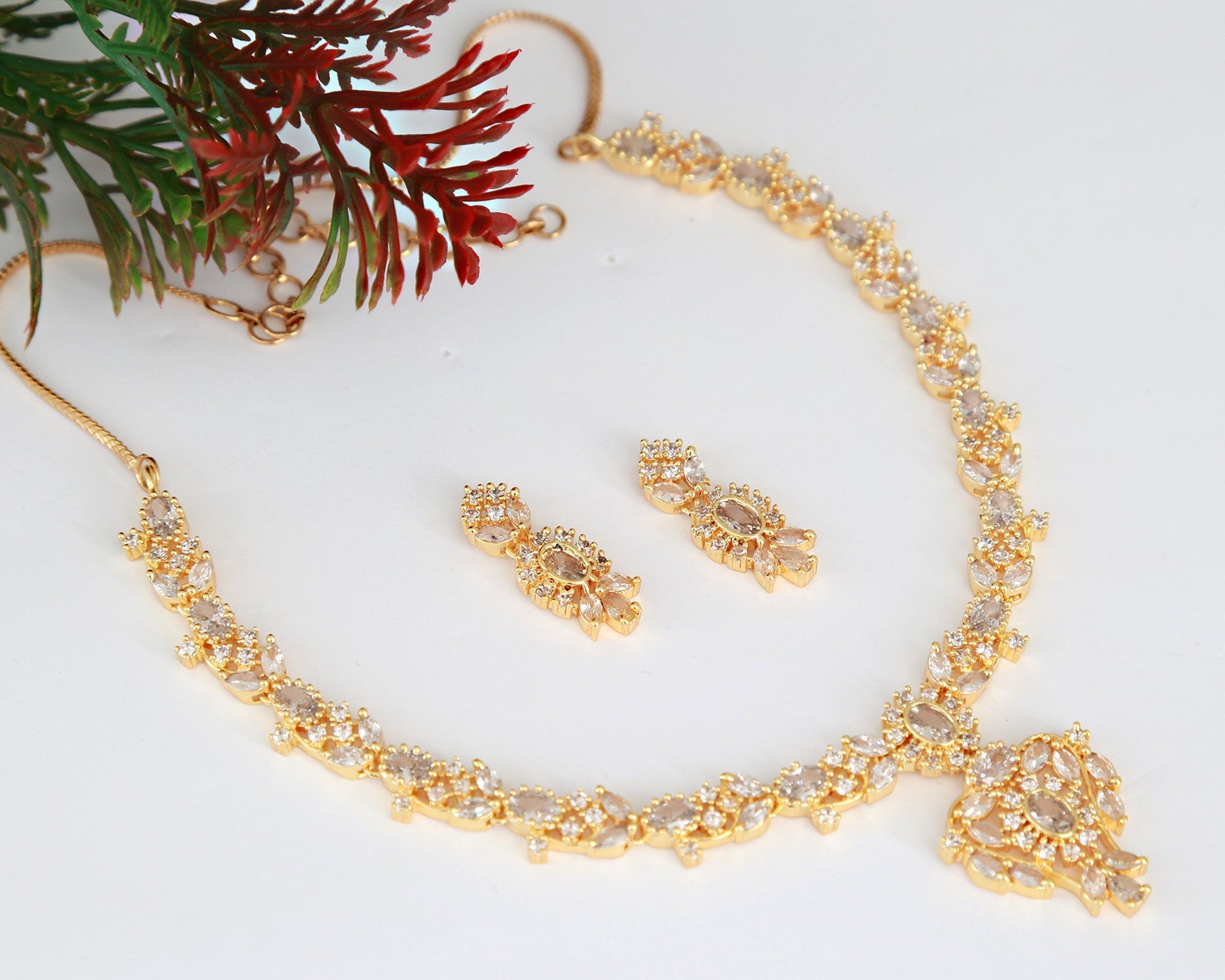 American Diamond necklace Earrings |Gold Plated emerald necklace Floral pattern |Beautiful Ruby necklace Floral design |Clear stone necklace