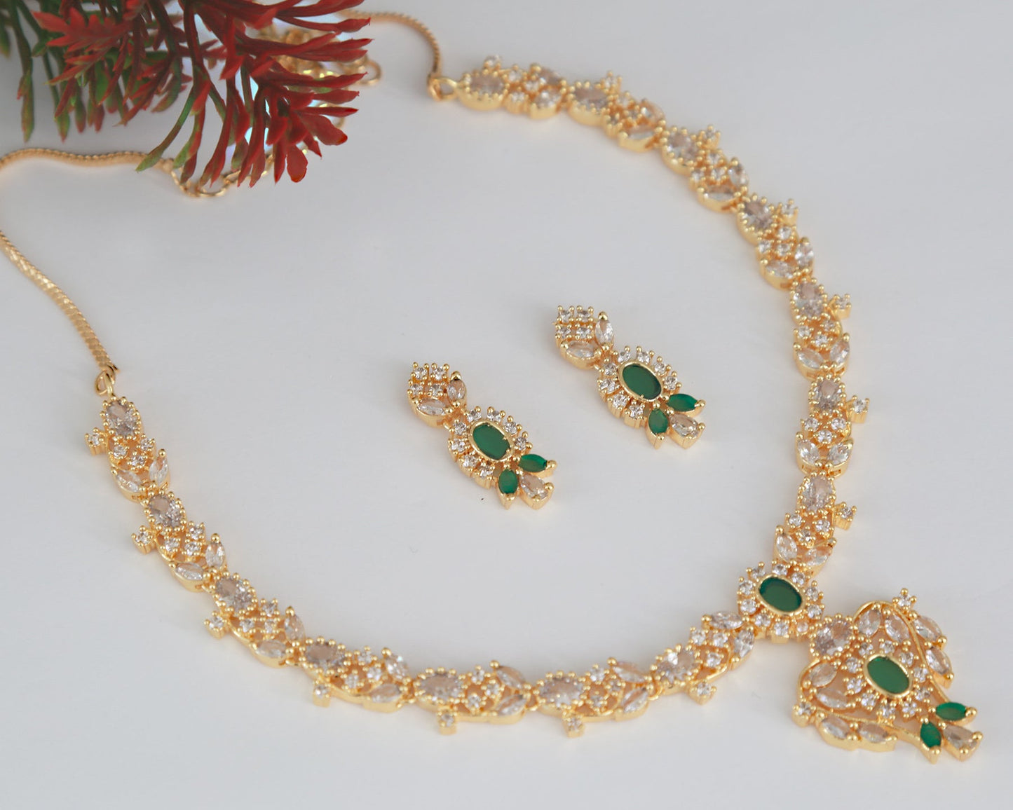 American Diamond necklace Earrings |Gold Plated emerald necklace Floral pattern |Beautiful Ruby necklace Floral design |Clear stone necklace