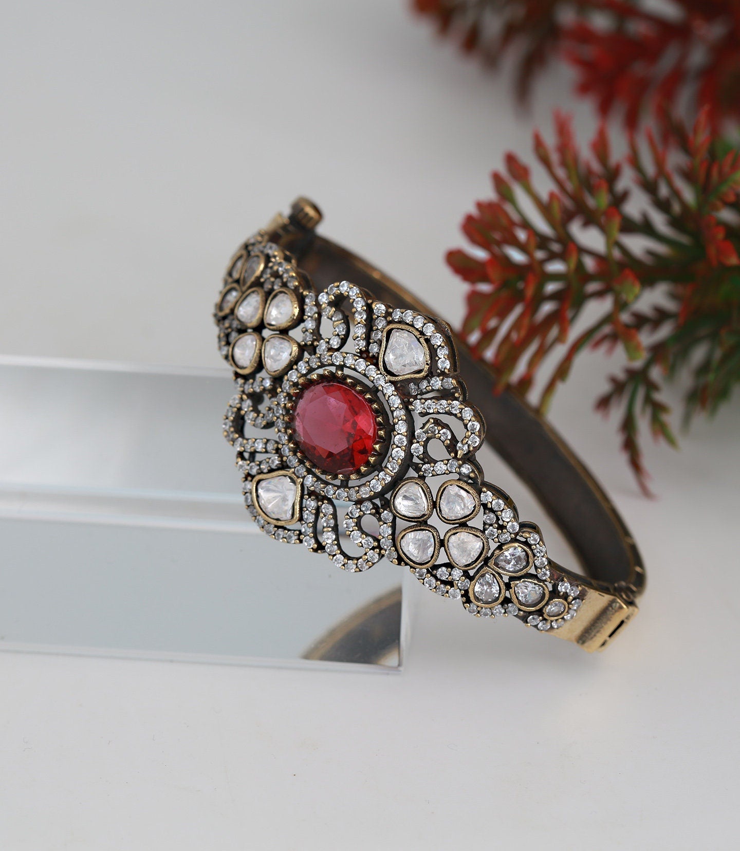 Victorian-Polish Openable Amethyst Crystal Kada Bracelet|Antique Gold Plated Bollywood statement Bangle bracelet|Indian Jewelry|Gift for her