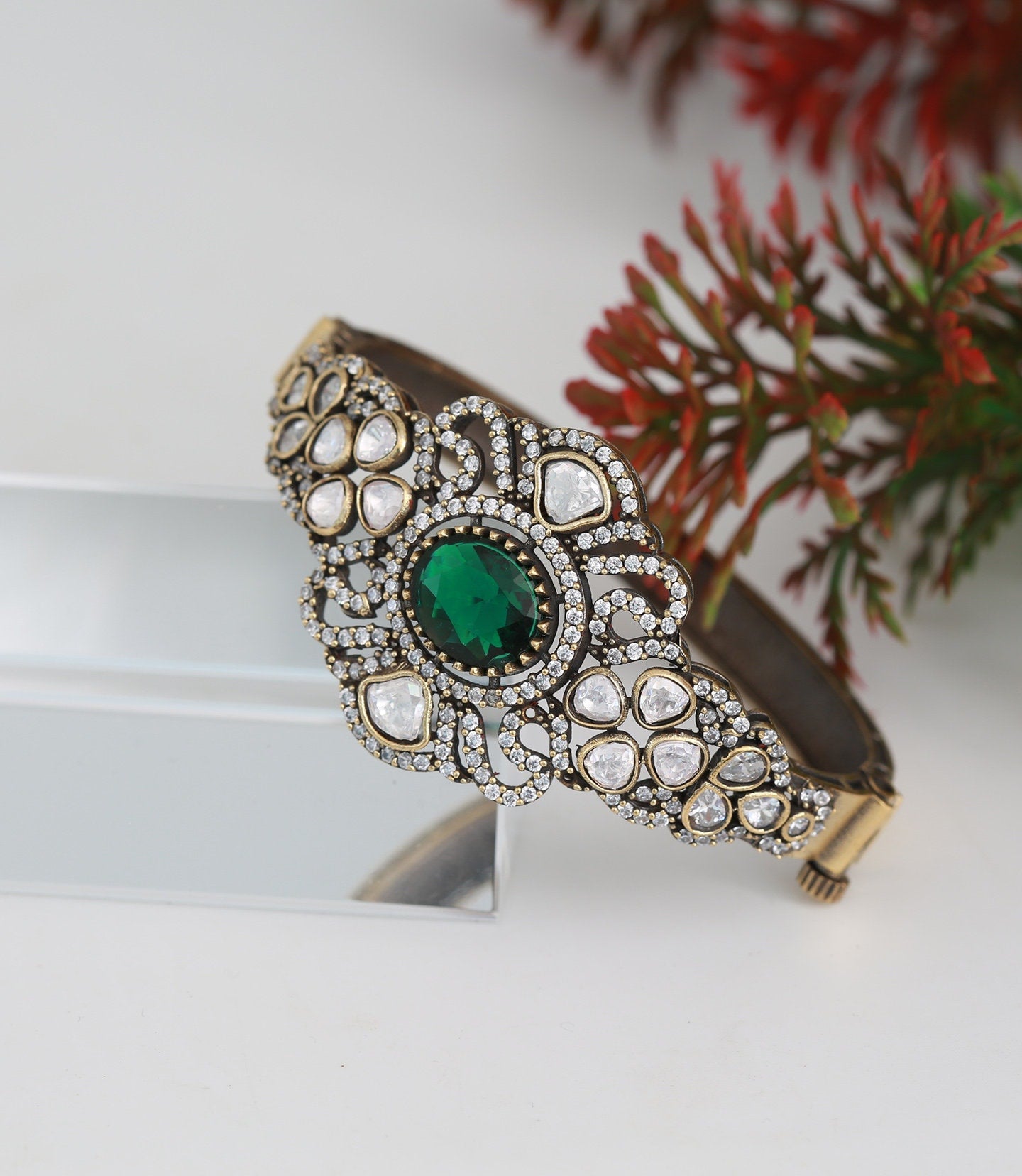 Victorian-Polish Openable Amethyst Crystal Kada Bracelet|Antique Gold Plated Bollywood statement Bangle bracelet|Indian Jewelry|Gift for her