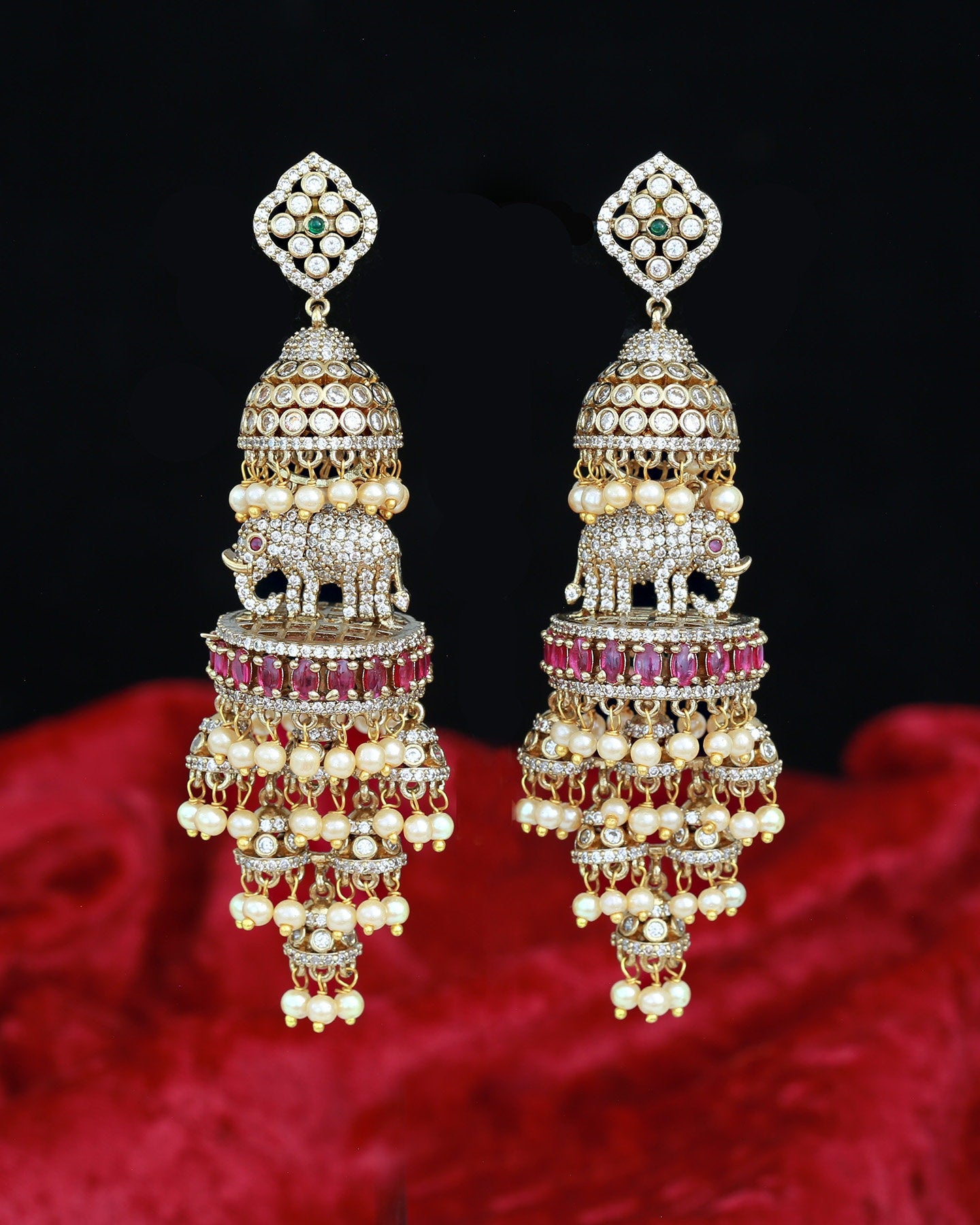 Matte Gold Wedding Party-wear Pearl Jhumka set |American Diamond Multi step Indian/Pakistani Jhumki Design |Long Dangle Pearl drop Earrings