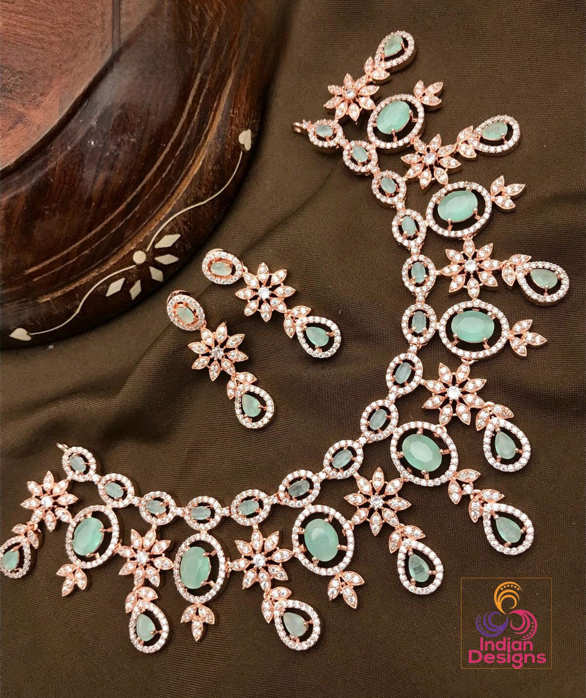 American Diamond Rose Gold Necklace Earrings Wedding Necklace set | Pink Cz Stone Indian Jewelry |Statement Necklace |Indian Designs Jewelry