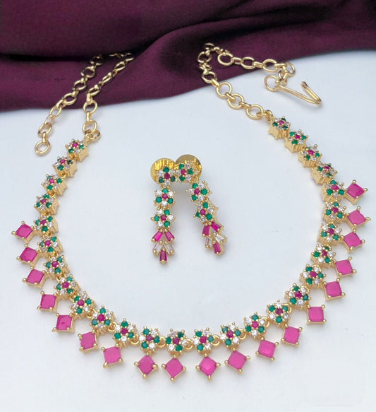 Gold Plated American Diamond Ruby Emerald small choker choker and Earrings | Trending Floral Designs CZ Crystal jewelry set | Gift for her