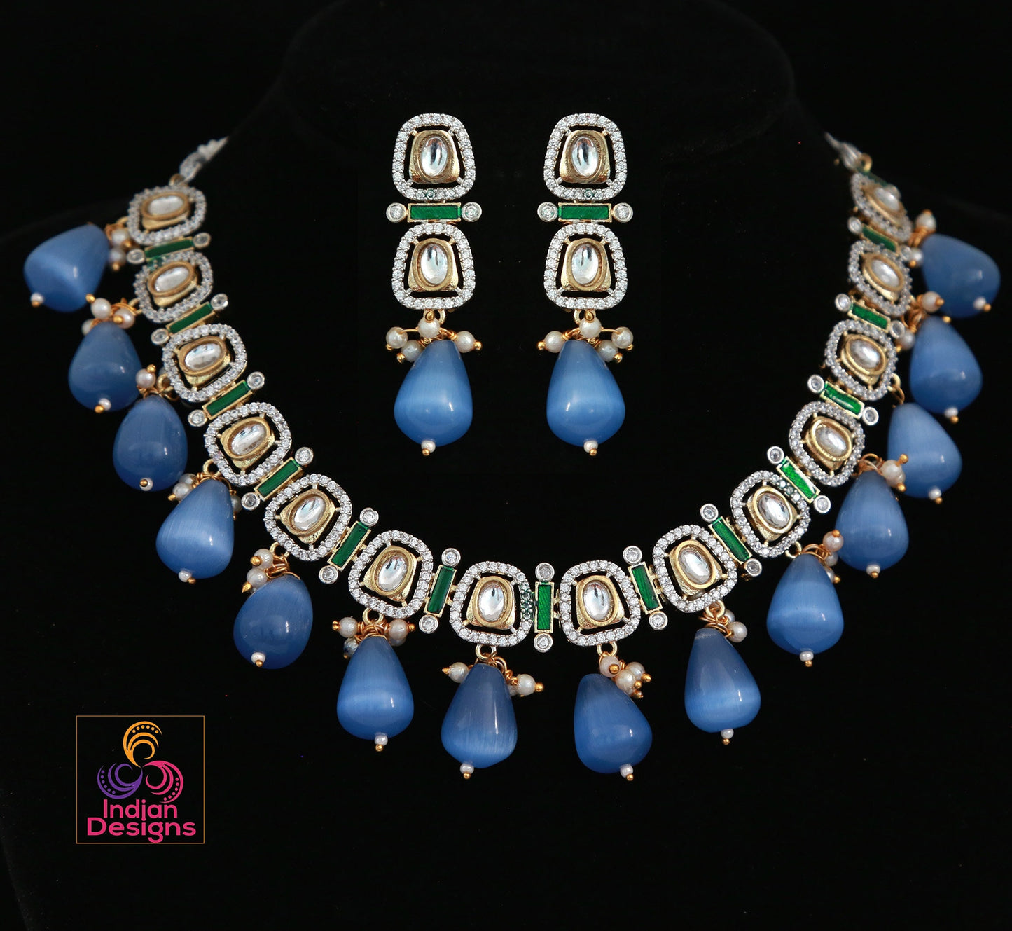 Elegant Traditional Indian Jewelry Set, Bridal Kundan Necklace with Earrings, Ethnic Wedding Jewellery, Statement Blue Teardrop Pendant