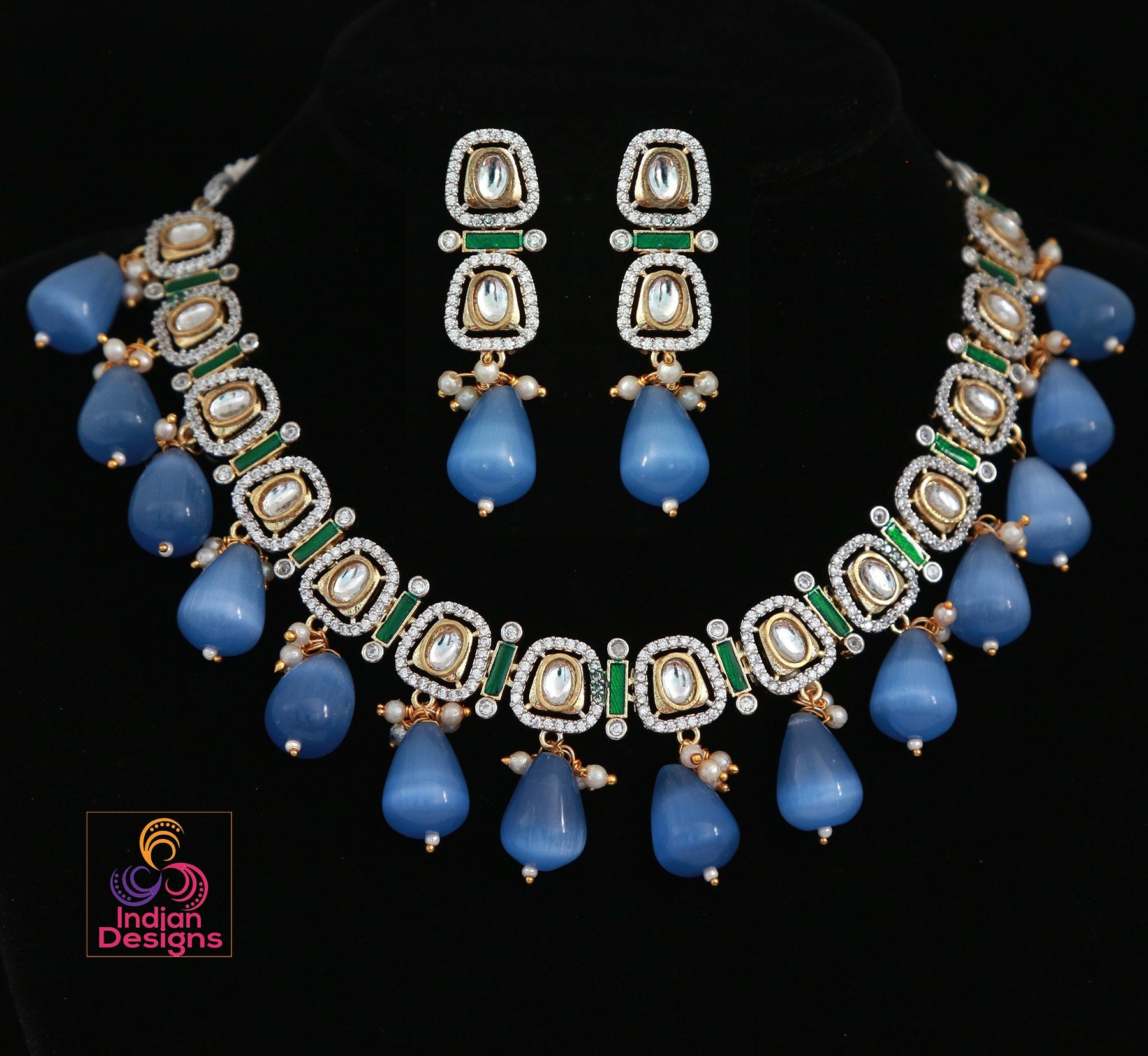 Elegant Traditional Indian Jewelry Set, Bridal Kundan Necklace with Earrings, Ethnic Wedding Jewellery, Statement Blue Teardrop Pendant