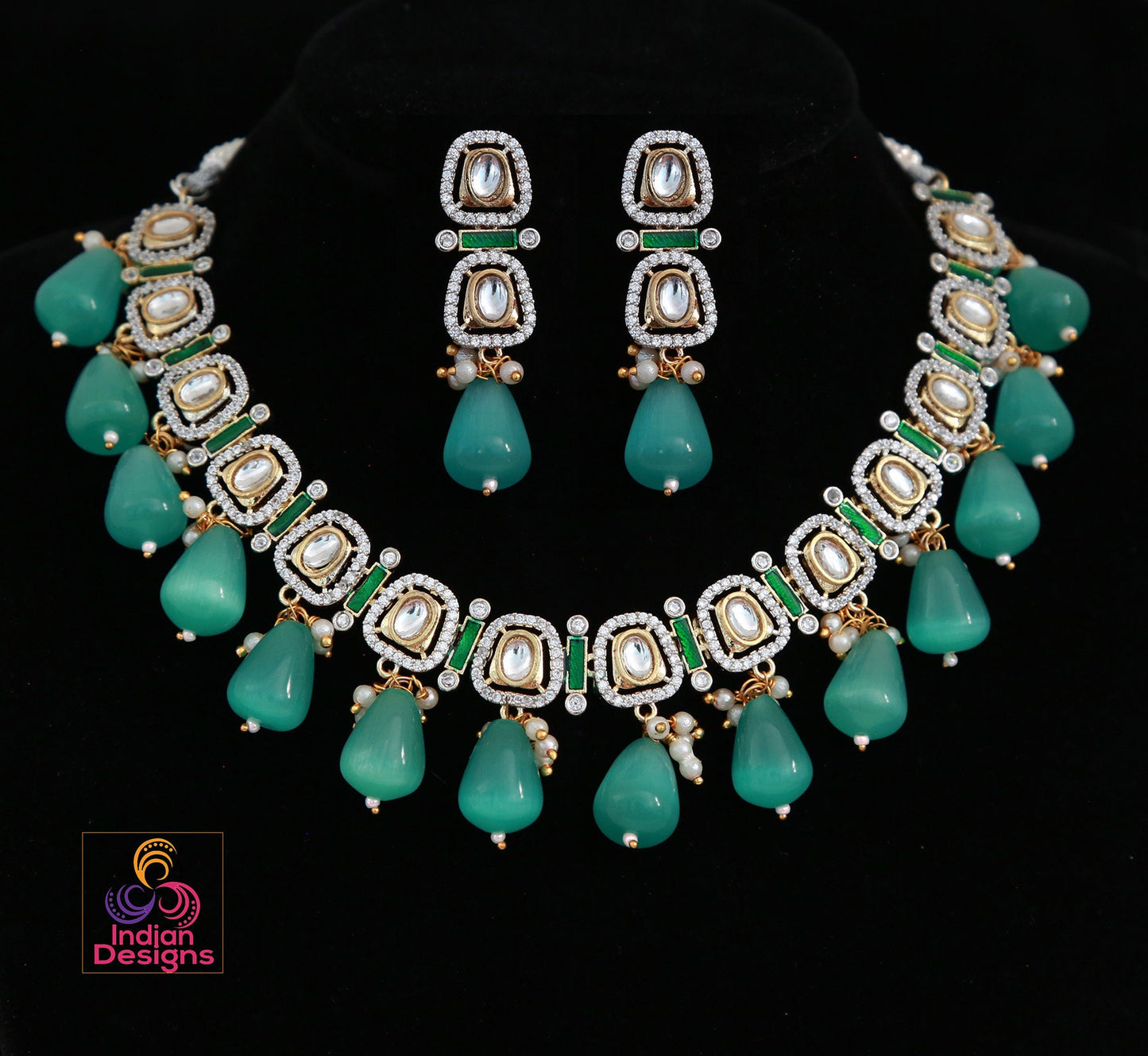 Elegant Traditional Indian Jewelry Set, Bridal Kundan Necklace with Earrings, Ethnic Wedding Jewellery, Statement Blue Teardrop Pendant